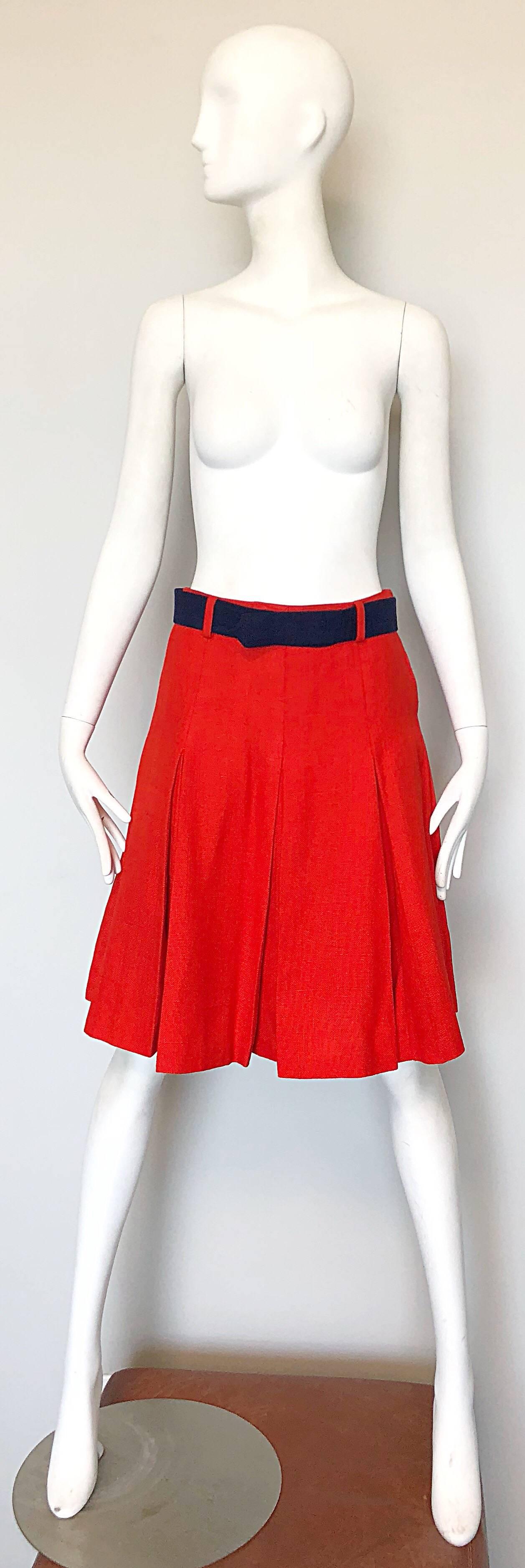 Chic 60s CARDINALI original sample orange and navy blue Irish linen belted nautical scooter skirt! This rare gem hails from the actual designer's estate (Marilyn Lewis). Flattering super soft Irish linen holds its shape nicely. Flattering vertical