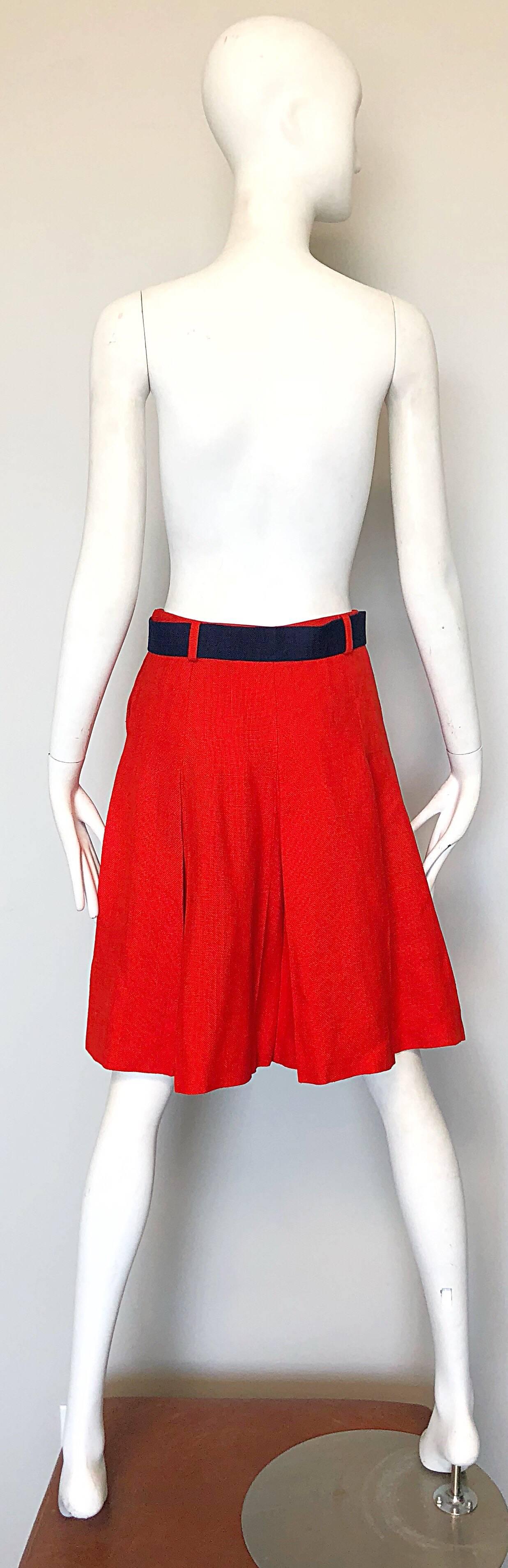 Red 1960s Cardinali Original Sample Orange Irish Linen Pleated Vintage A Line Skirt