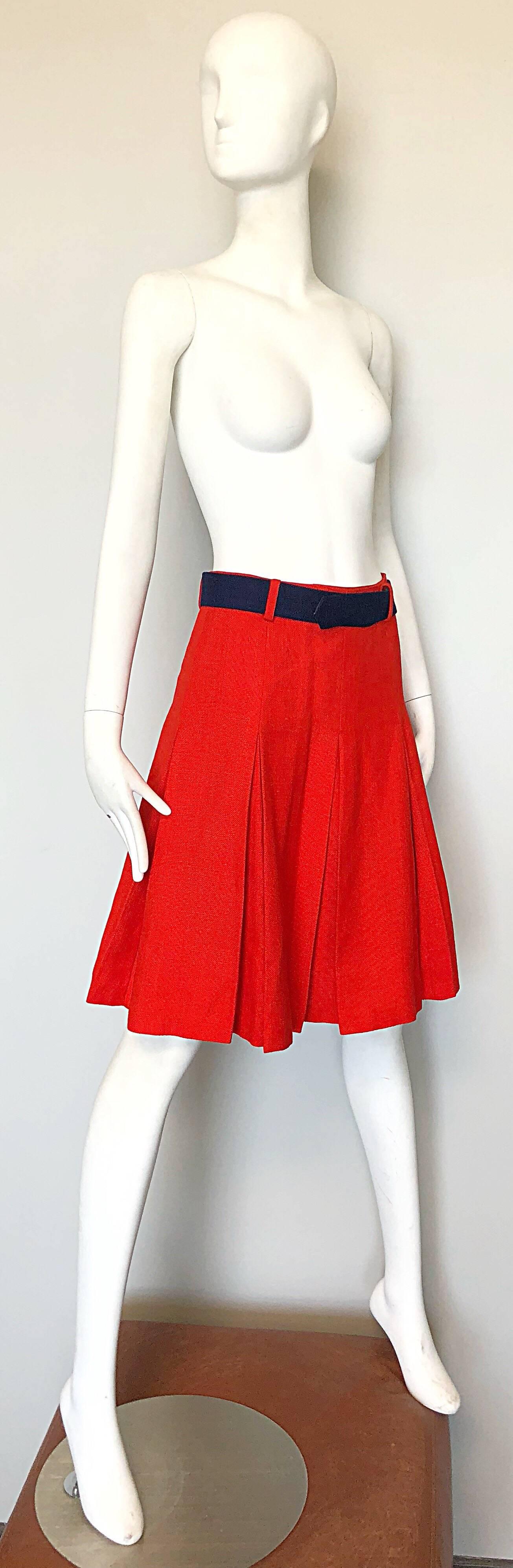 1960s Cardinali Original Sample Orange Irish Linen Pleated Vintage A Line Skirt In Excellent Condition In San Diego, CA
