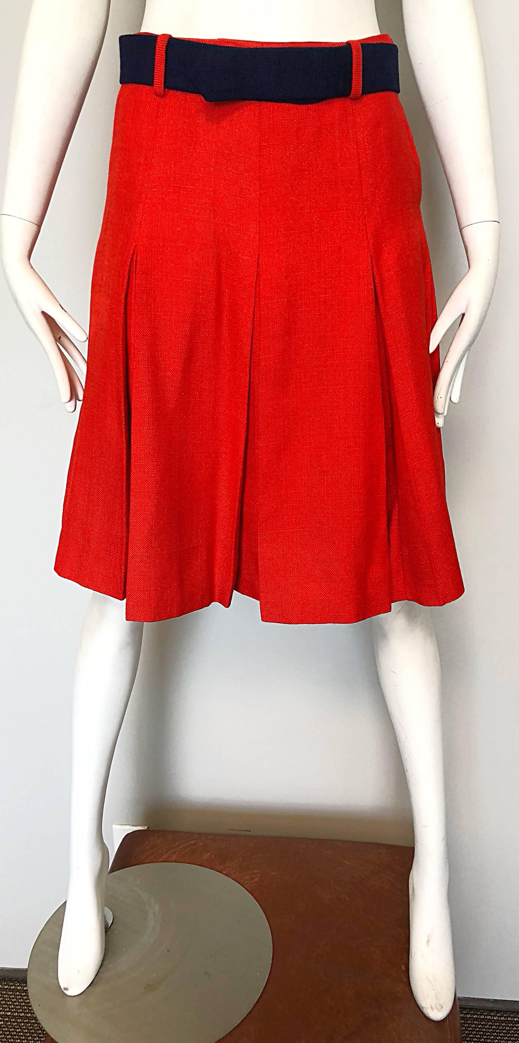 Women's 1960s Cardinali Original Sample Orange Irish Linen Pleated Vintage A Line Skirt