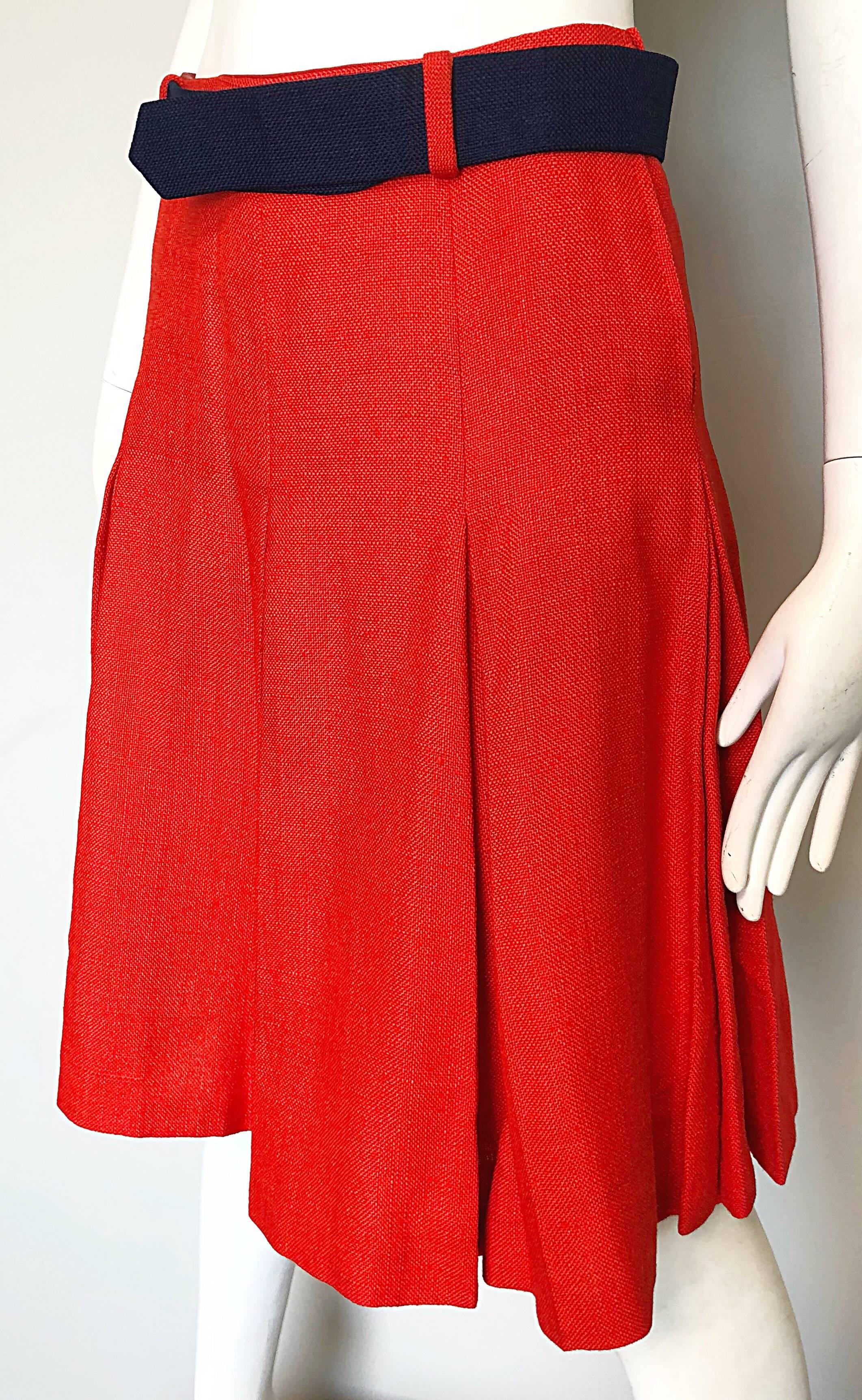 1960s Cardinali Original Sample Orange Irish Linen Pleated Vintage A Line Skirt 1