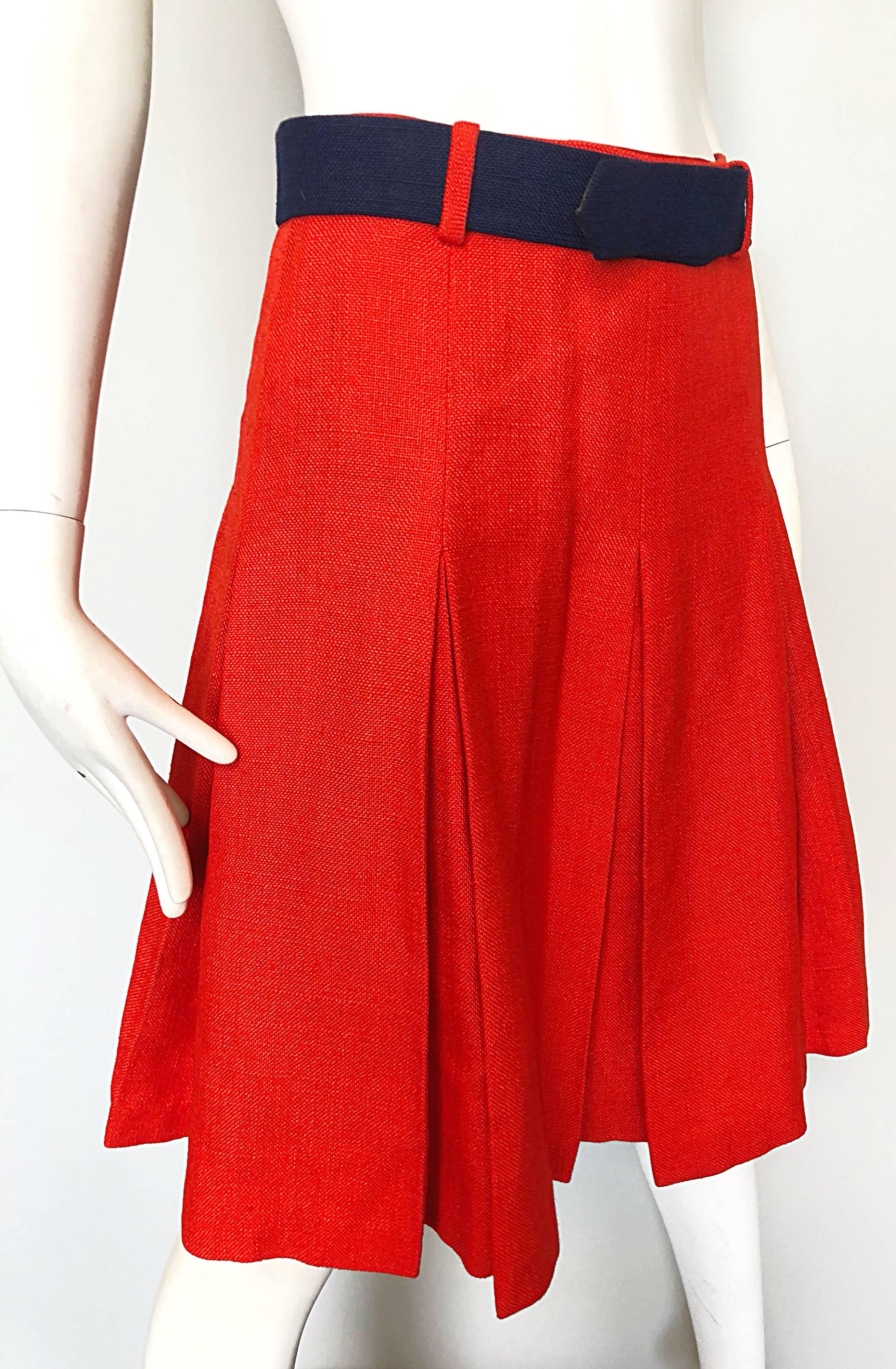 1960s Cardinali Original Sample Orange Irish Linen Pleated Vintage A Line Skirt 2