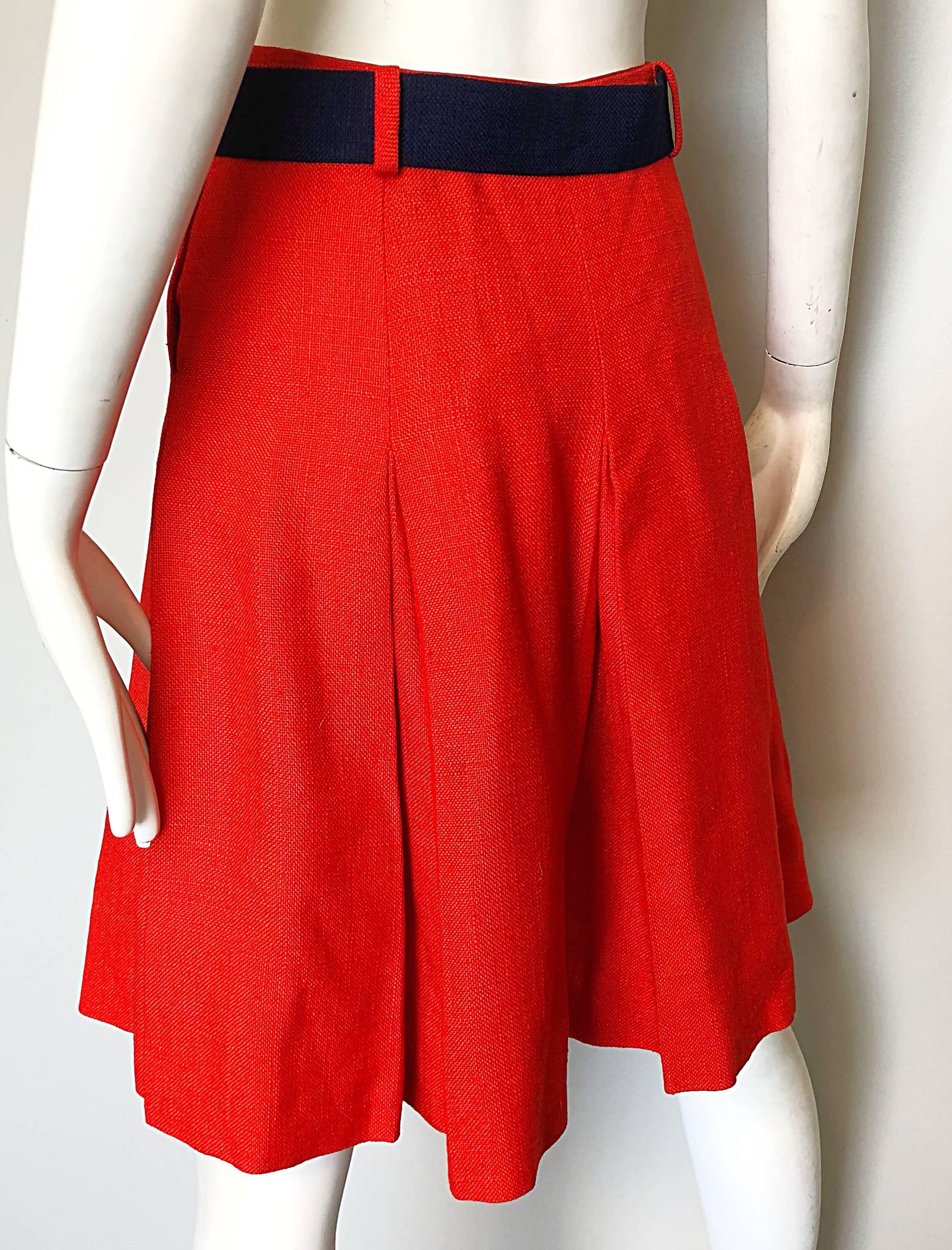 1960s Cardinali Original Sample Orange Irish Linen Pleated Vintage A Line Skirt 3