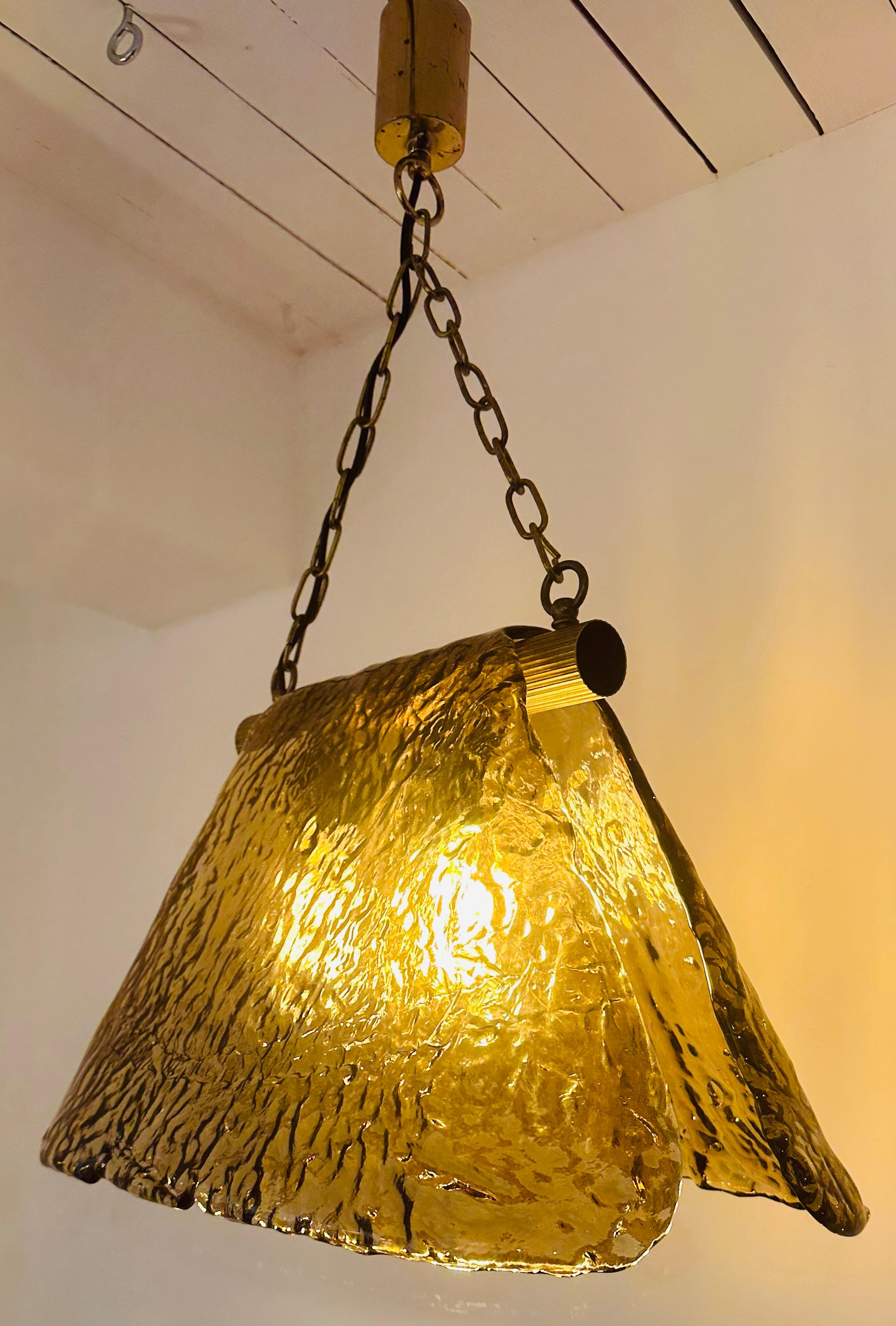 Mid-Century Modern 1960s Carlo Nason for Mazzega Brass and Murano Glass Hanging Light Chandelier For Sale