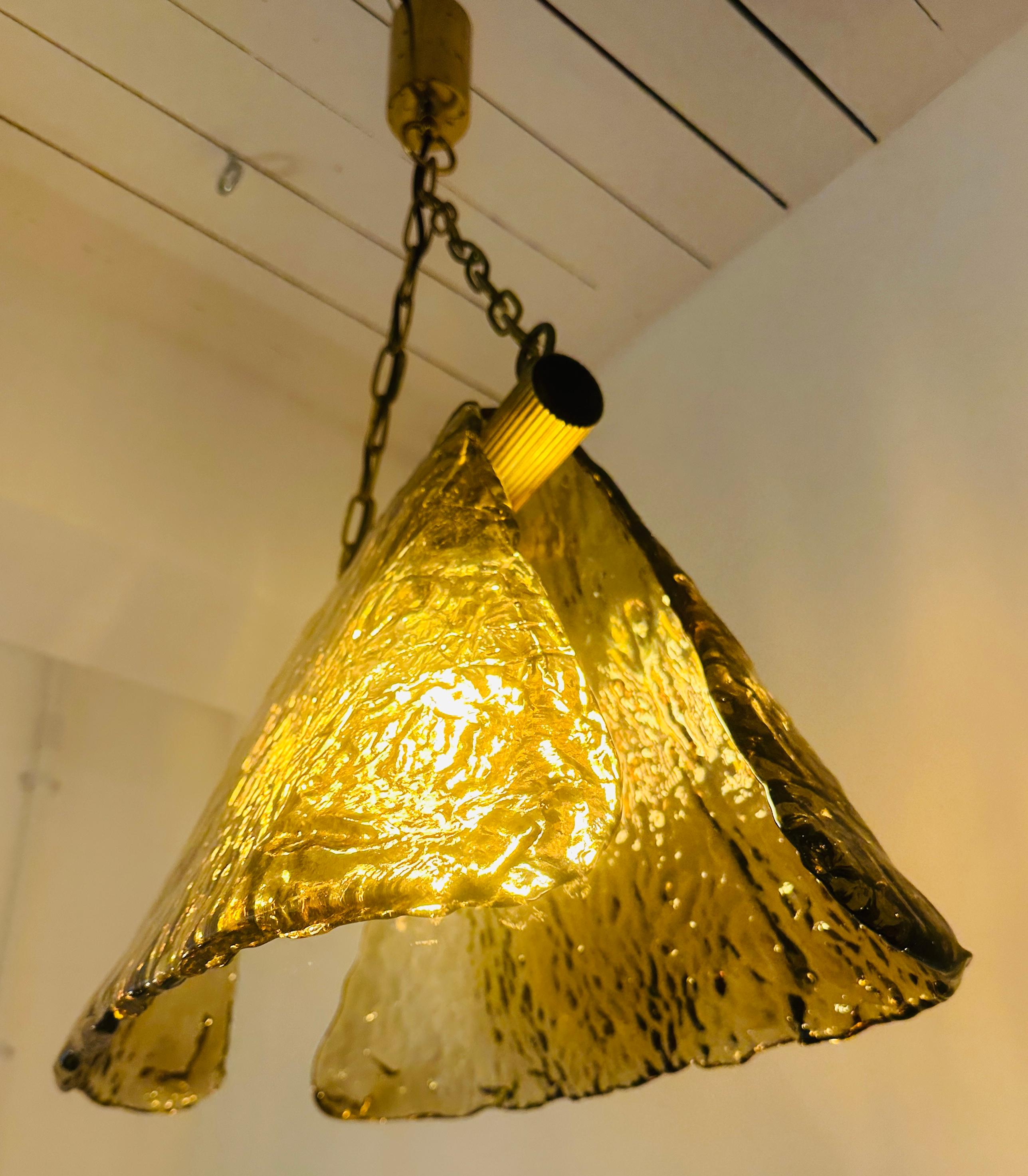 Hand-Crafted 1960s Carlo Nason for Mazzega Brass and Murano Glass Hanging Light Chandelier For Sale