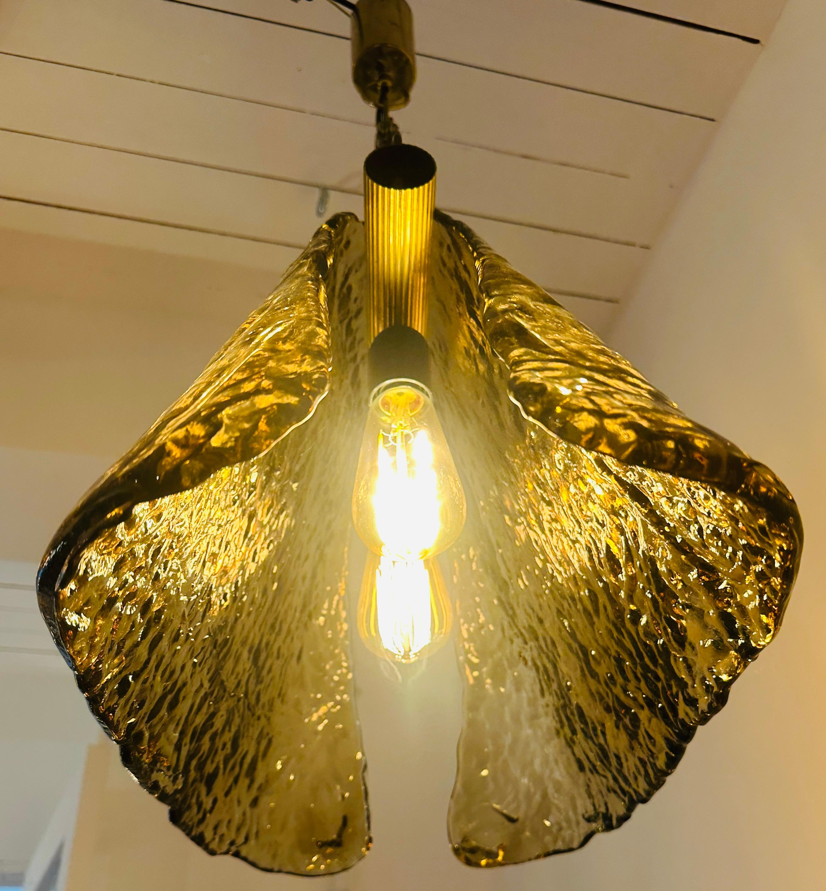 20th Century 1960s Carlo Nason for Mazzega Brass and Murano Glass Hanging Light Chandelier For Sale