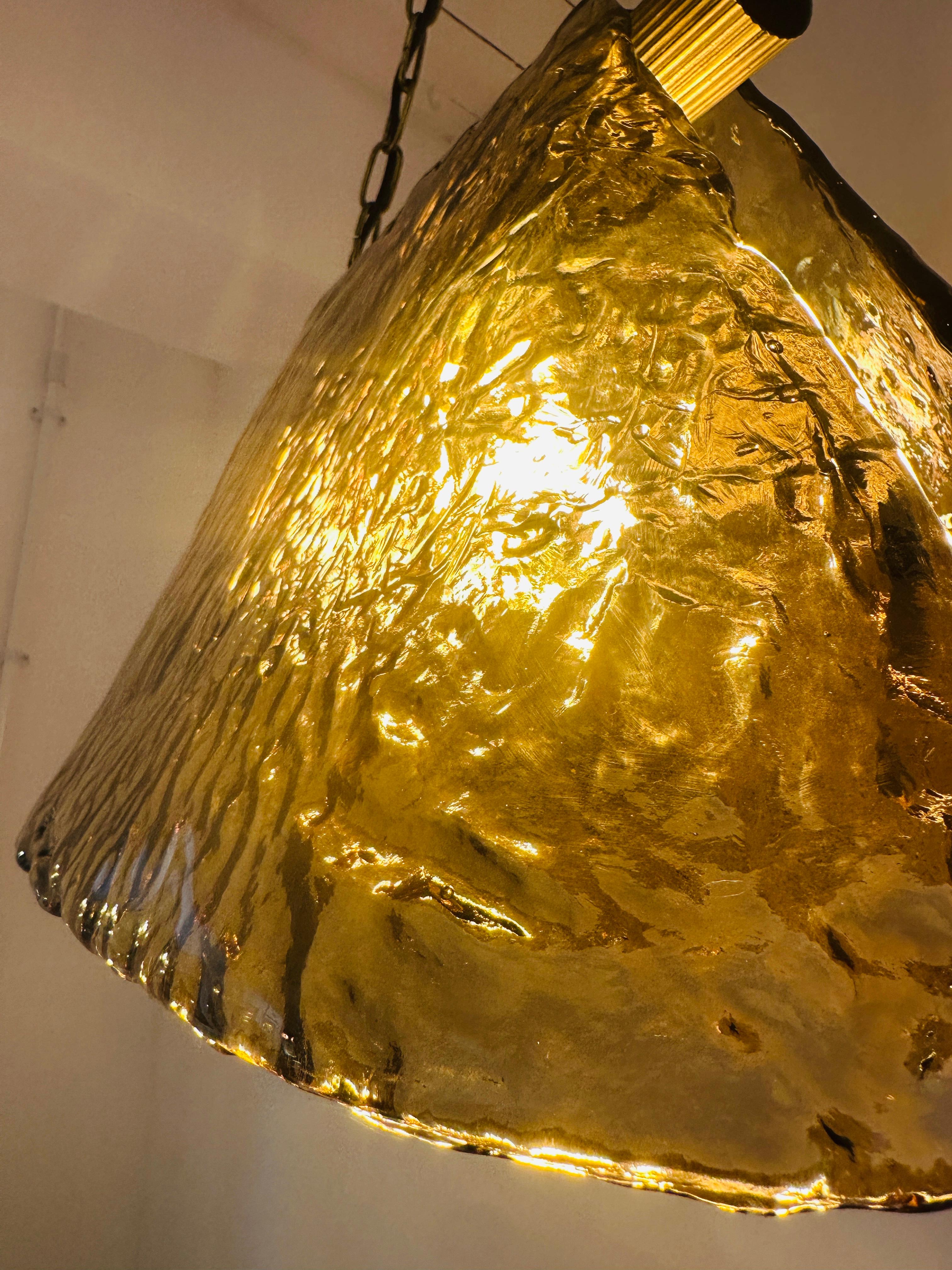1960s Carlo Nason for Mazzega Brass and Murano Glass Hanging Light Chandelier For Sale 1