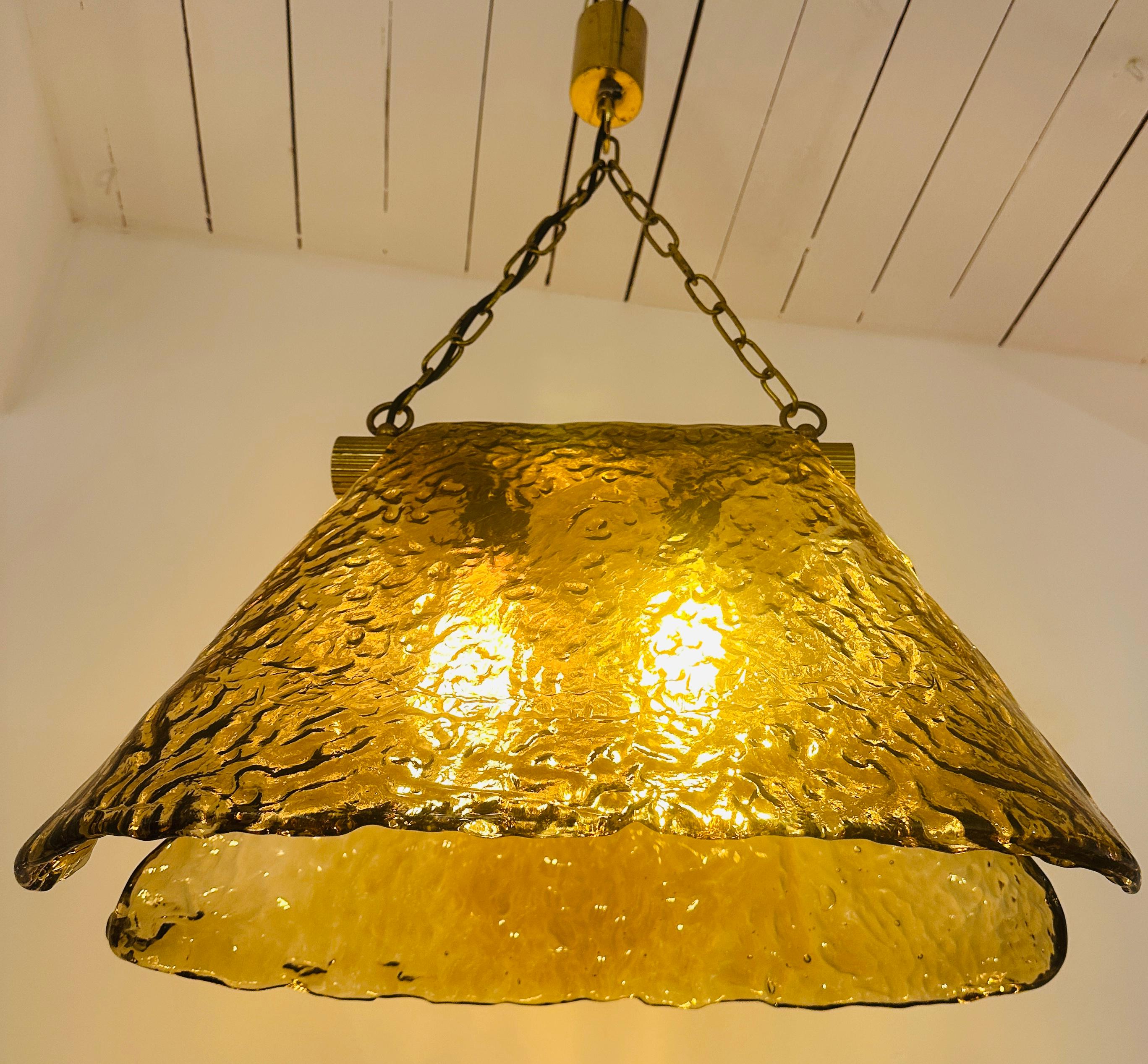 1960s Carlo Nason for Mazzega Brass and Murano Glass Hanging Light Chandelier For Sale 2