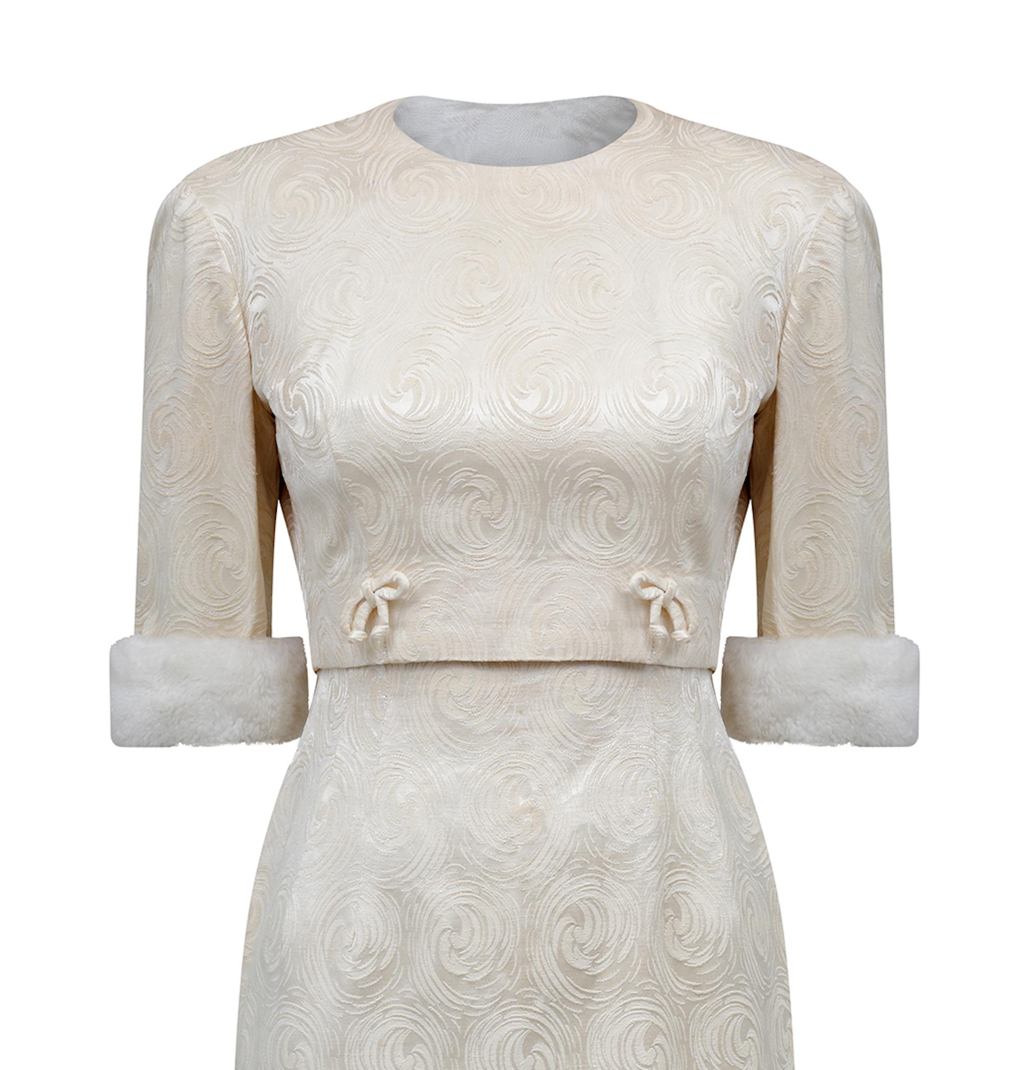 Gray 1960s Carol Brent Jackie Kennedy Style Ivory Brocade Dress Suit