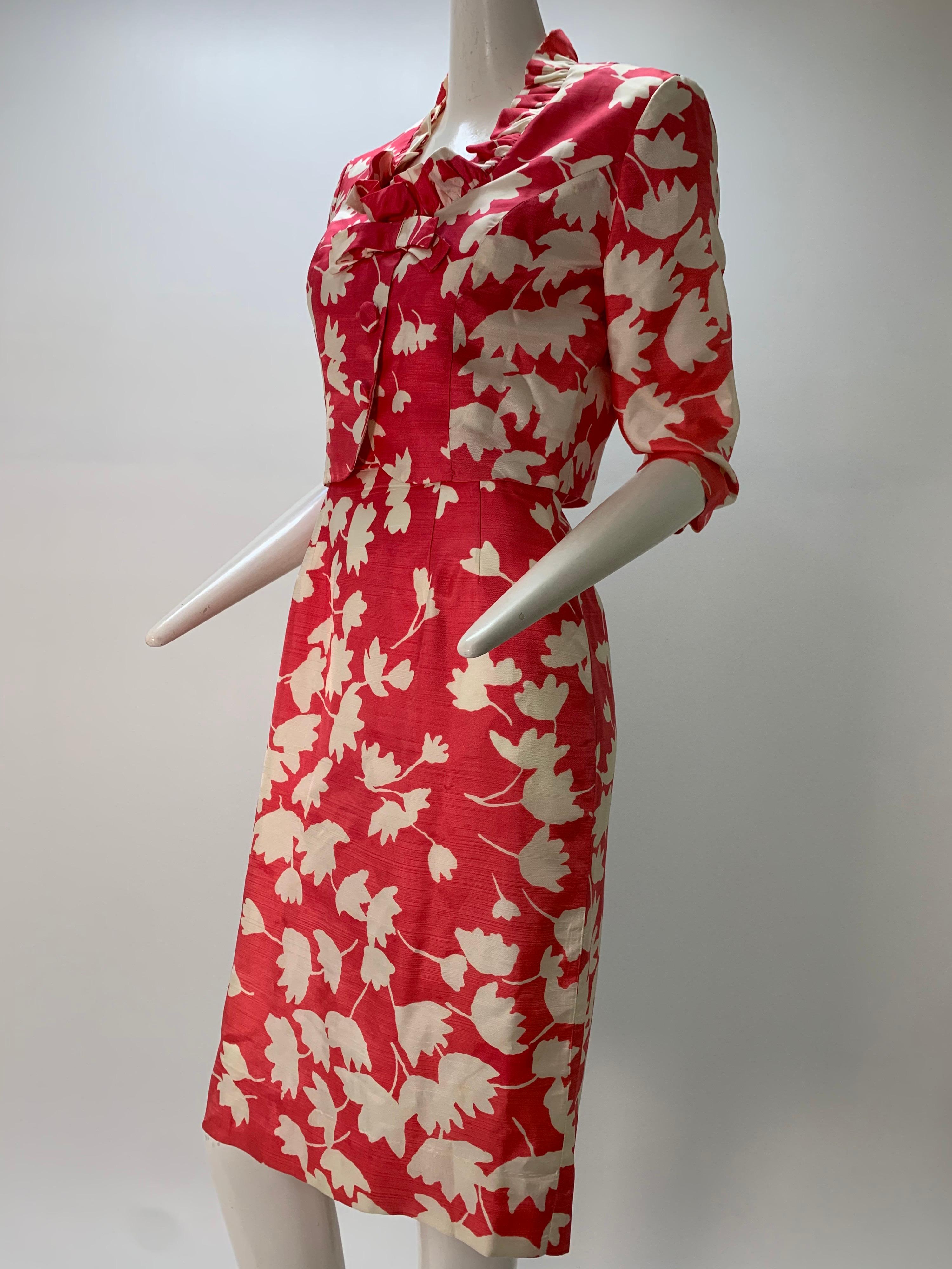 Red 1960s Carol Craig Pink & White Floral Silhouette Print Dress & Jacket Ensemble For Sale