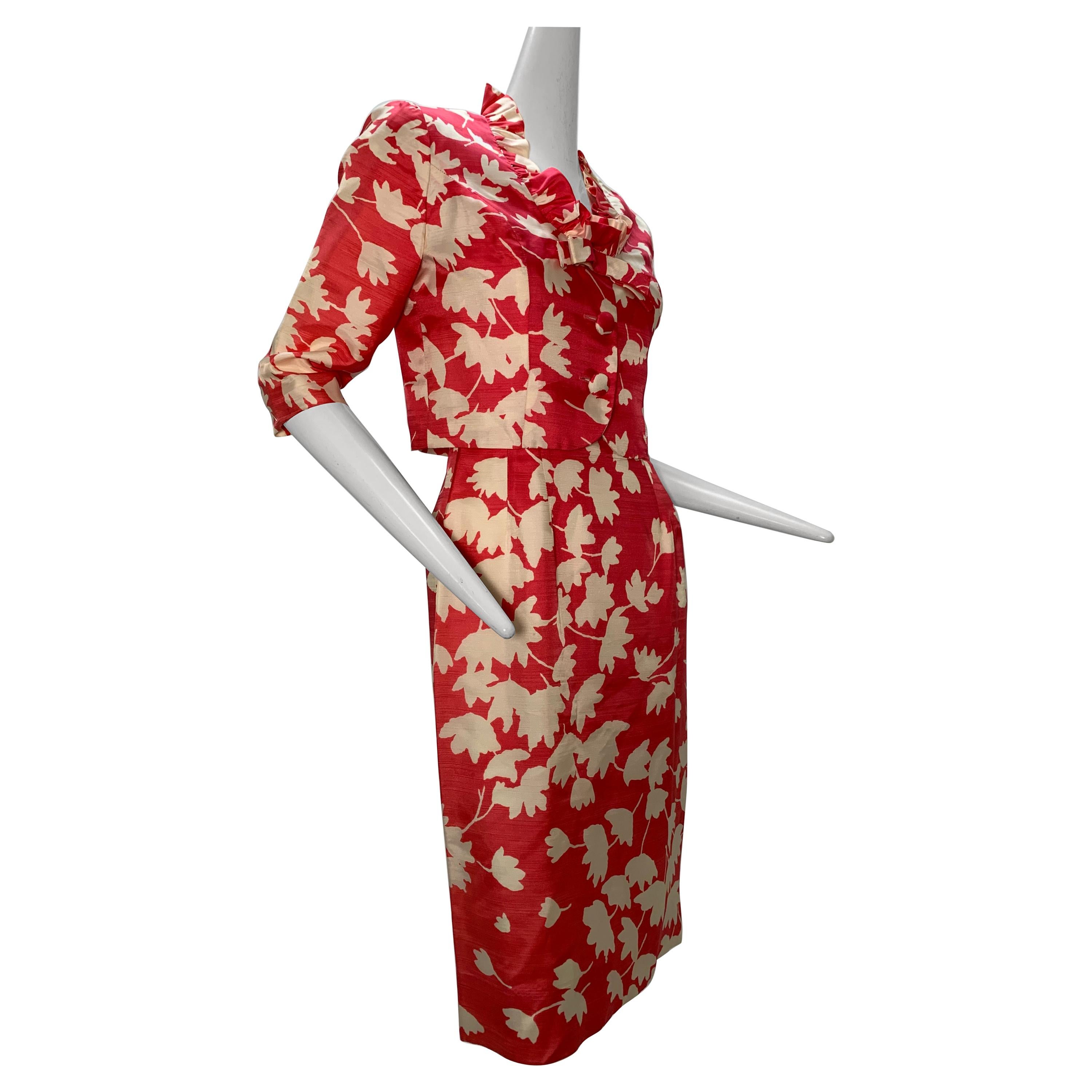 Carol Craig Ensemble robe et veste à imprimé floral rose et blanc avec silhouette des années 1960 en vente