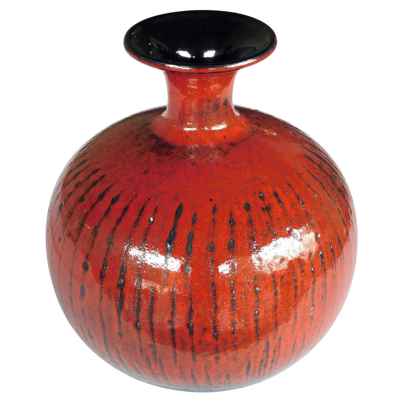 1960's Carstens Art Pottery Red-Orange Glazed Bulbous Vase For Sale