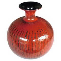 Vintage 1960's Carstens Art Pottery Red-Orange Glazed Bulbous Vase