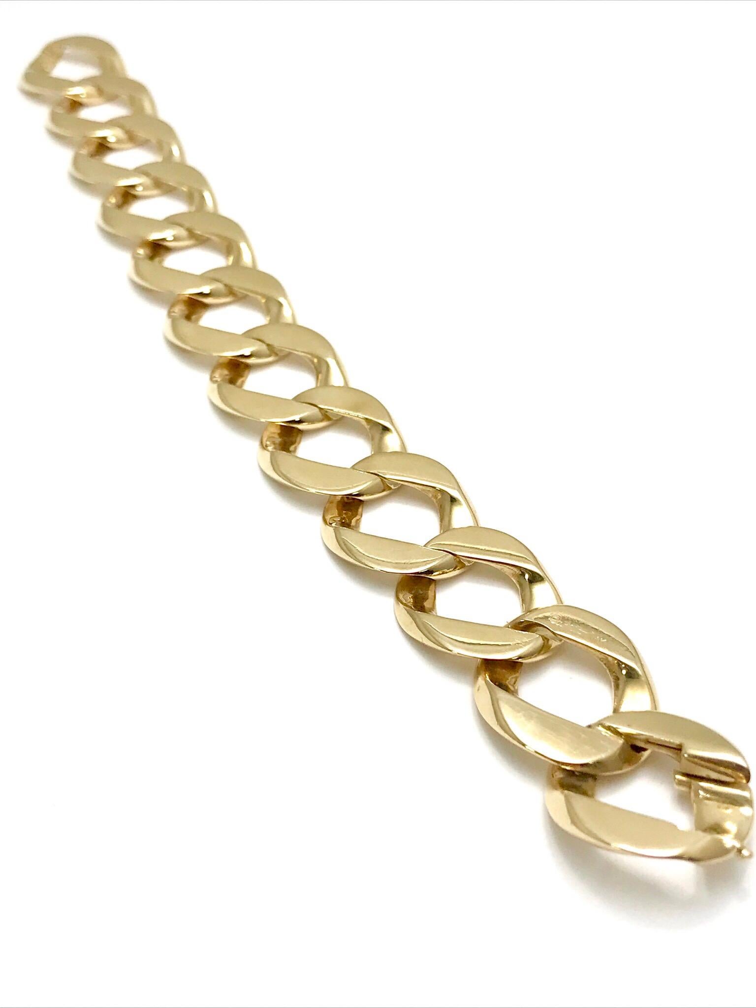 A fabulous piece for anyone to wear!  This 1960's Cartier yellow gold bracelet is ideal for versatility.  It is a curb link style made in 14 karat yellow gold with a polished finish.  It measures 8.00 inches in length, and each link is 19.50mm wide.