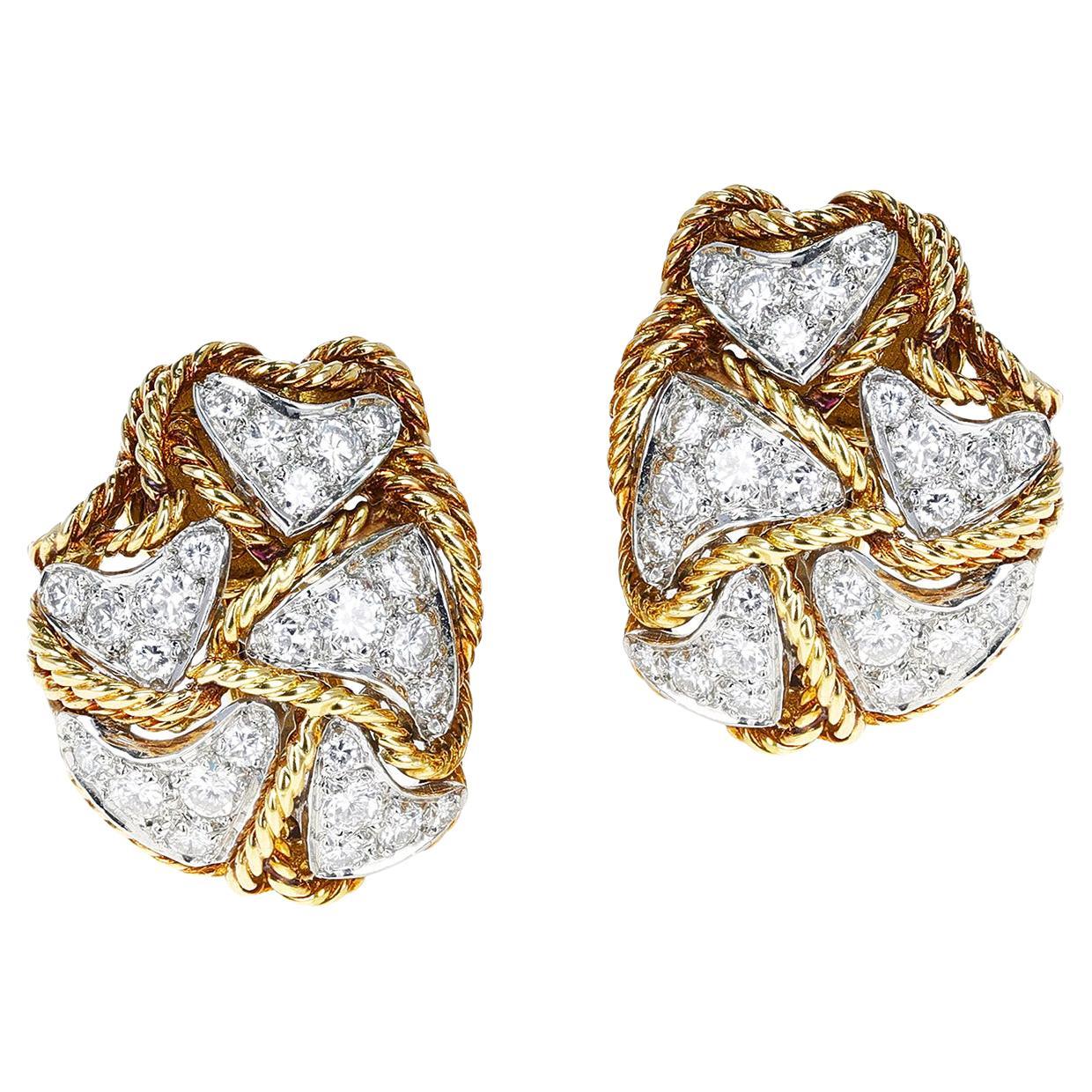 Cartier Boucles d'oreilles cocktail en or jaune 18 carats et diamants de 3,25 carats, années 1960 en vente