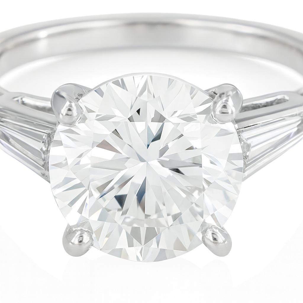 Taille ronde Bague de fiançailles en diamant de Cartier des années 1960 avec pierres latérales en forme de baguettes effilées en vente