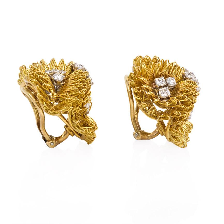 A pair of three-dimensional gold wirework earrings with trefoil diamond clusters, in 18k and platinum.  Cartier, France. #14726.  Atw 2.88 cts.