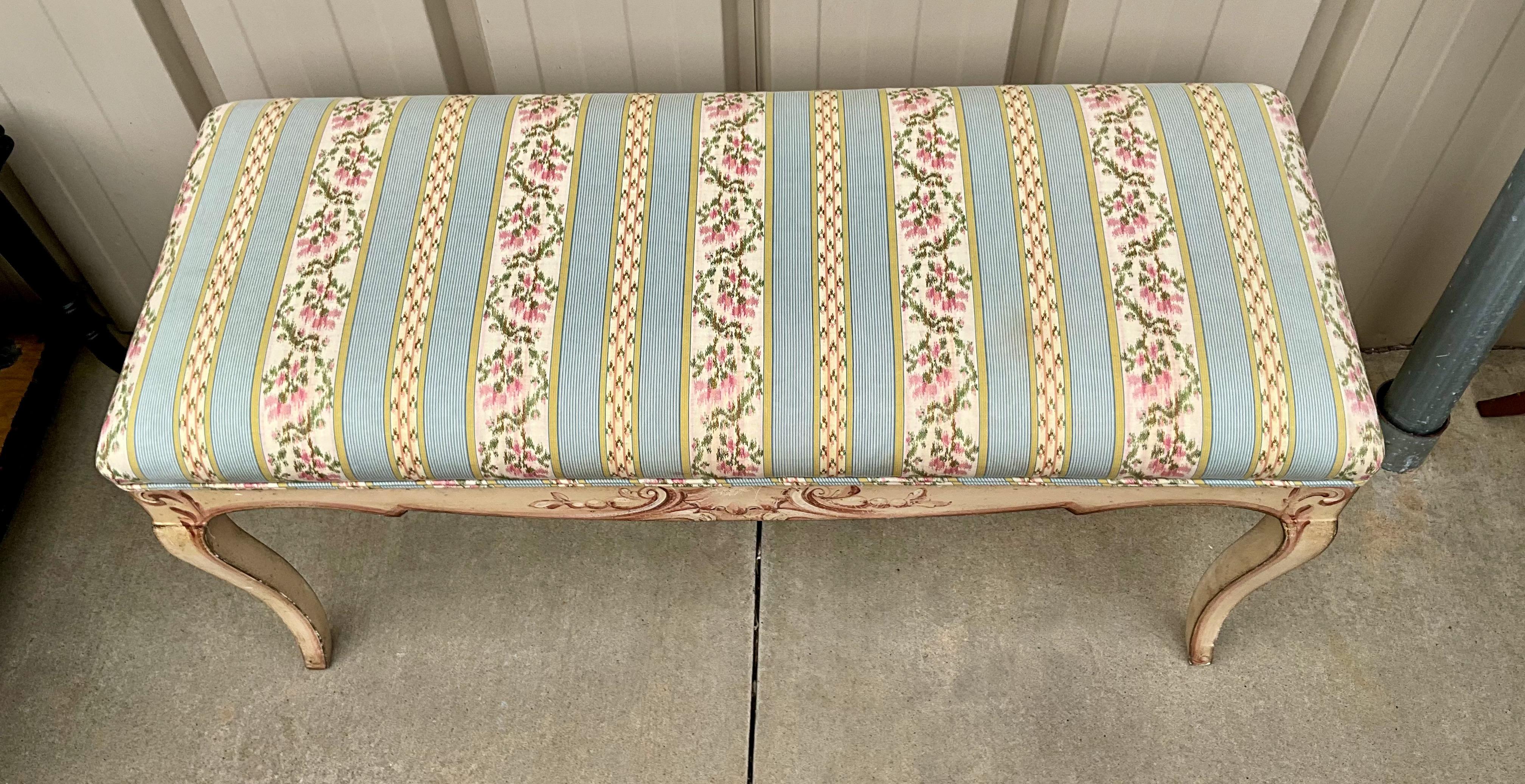 Rococo 1960s Carved And Painted Italian Bench / Ottoman In Striped Floral Chintz  For Sale
