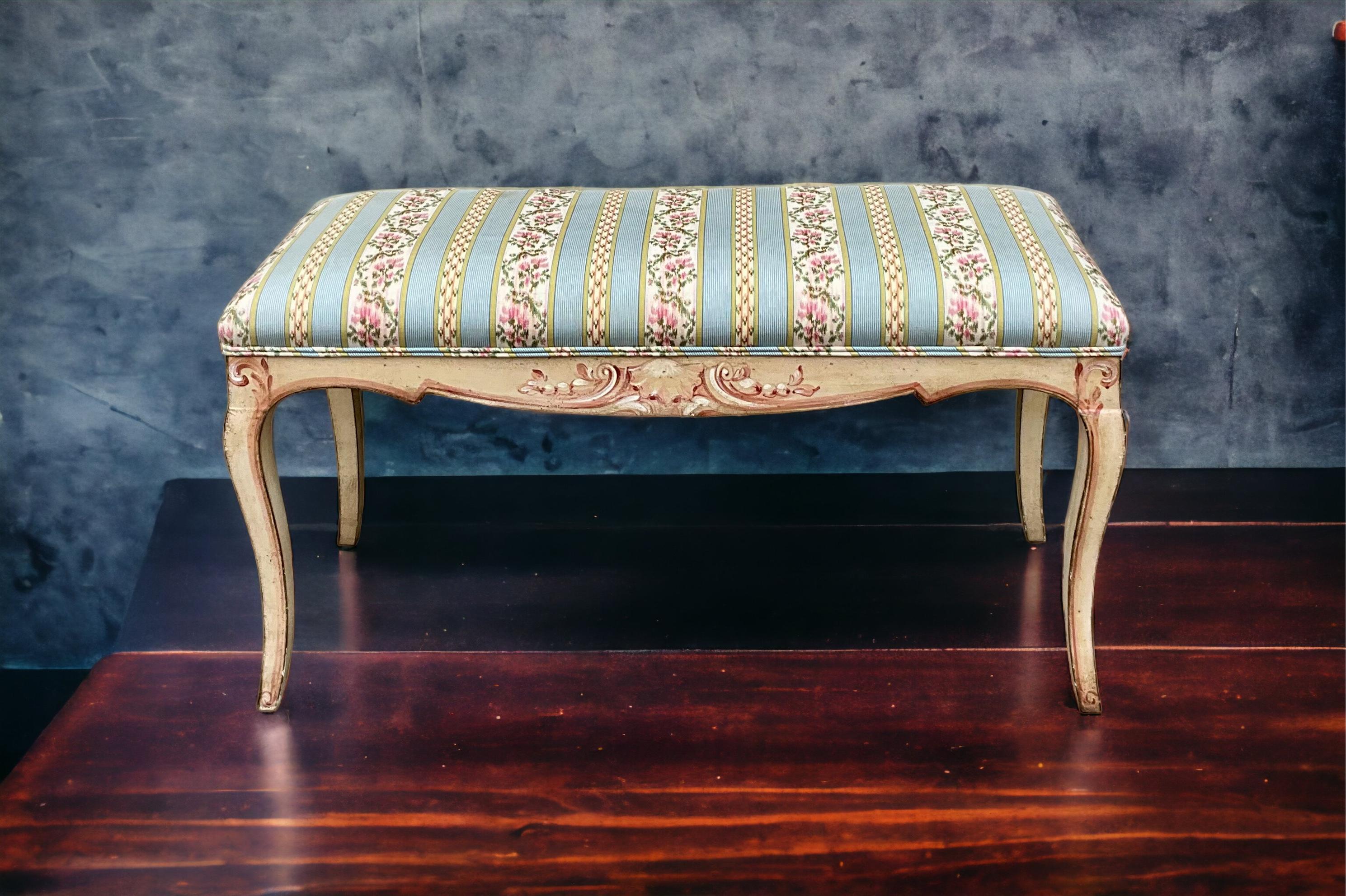 Upholstery 1960s Carved And Painted Italian Bench / Ottoman In Striped Floral Chintz  For Sale