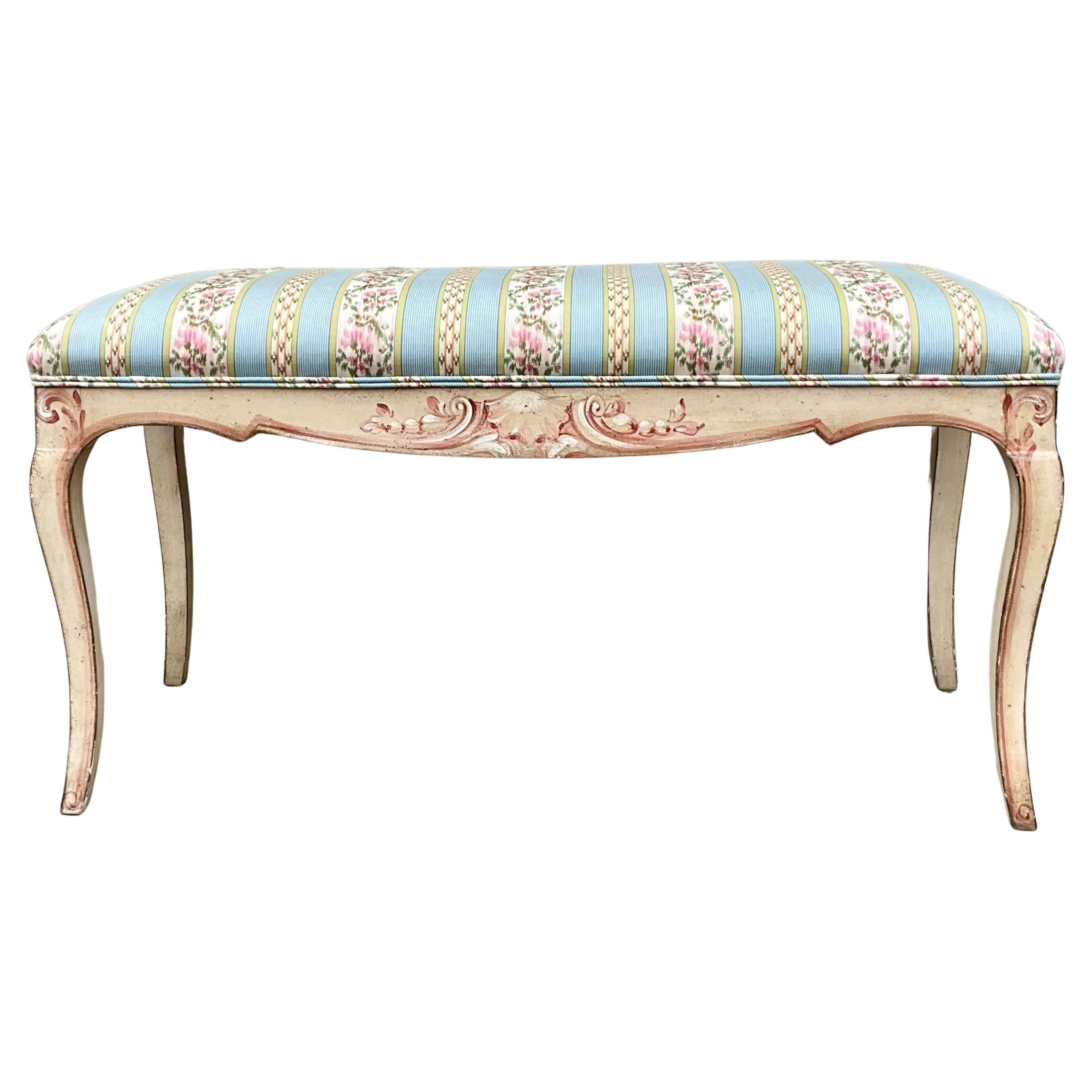 1960s Carved And Painted Italian Bench / Ottoman In Striped Floral Chintz  For Sale