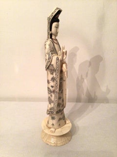 1960s Carved Bone and Painted Inlay Statue of an Asian Woman
