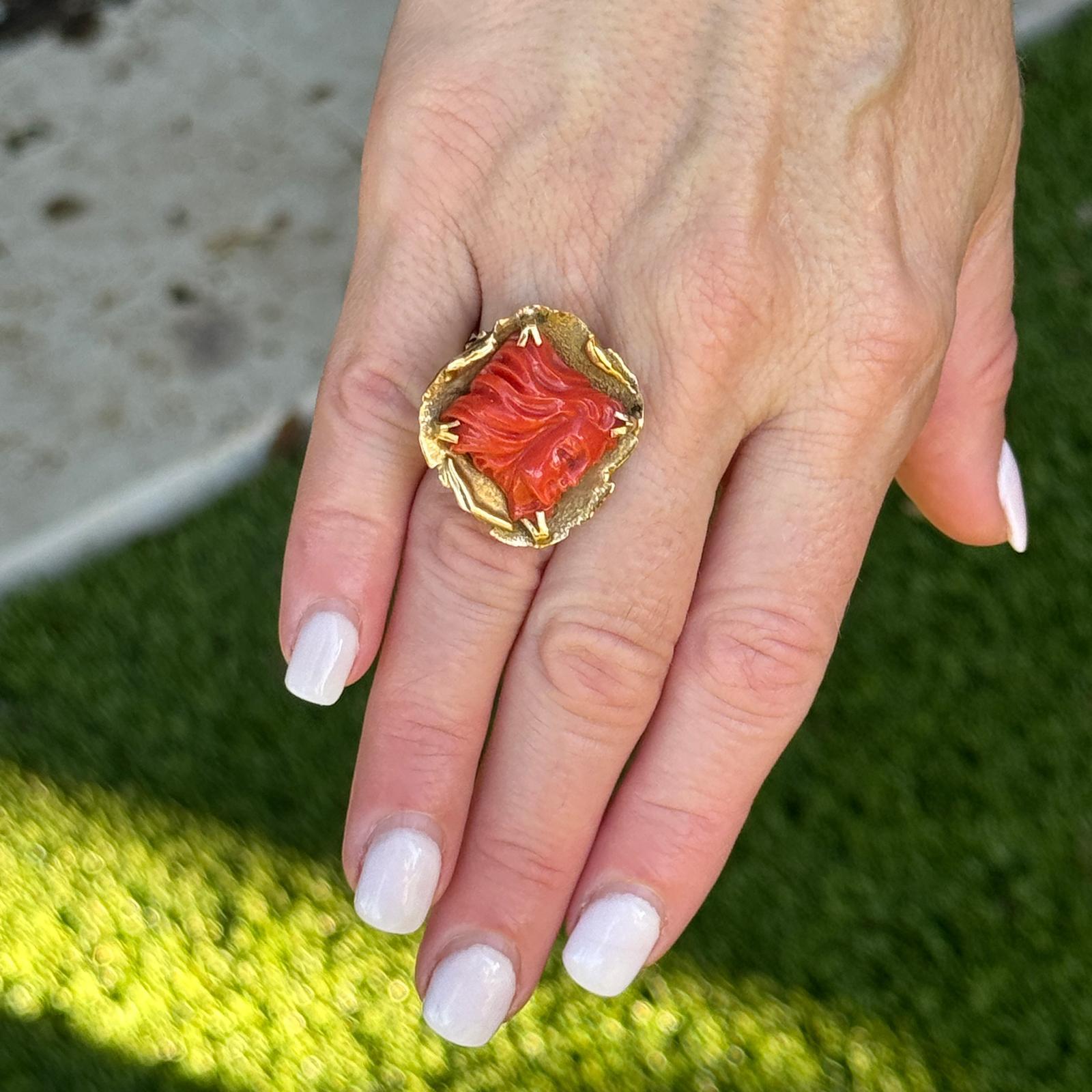 Contemporary 1960's Carved Coral 18 Karat Yellow Gold Free Form Estate Ring