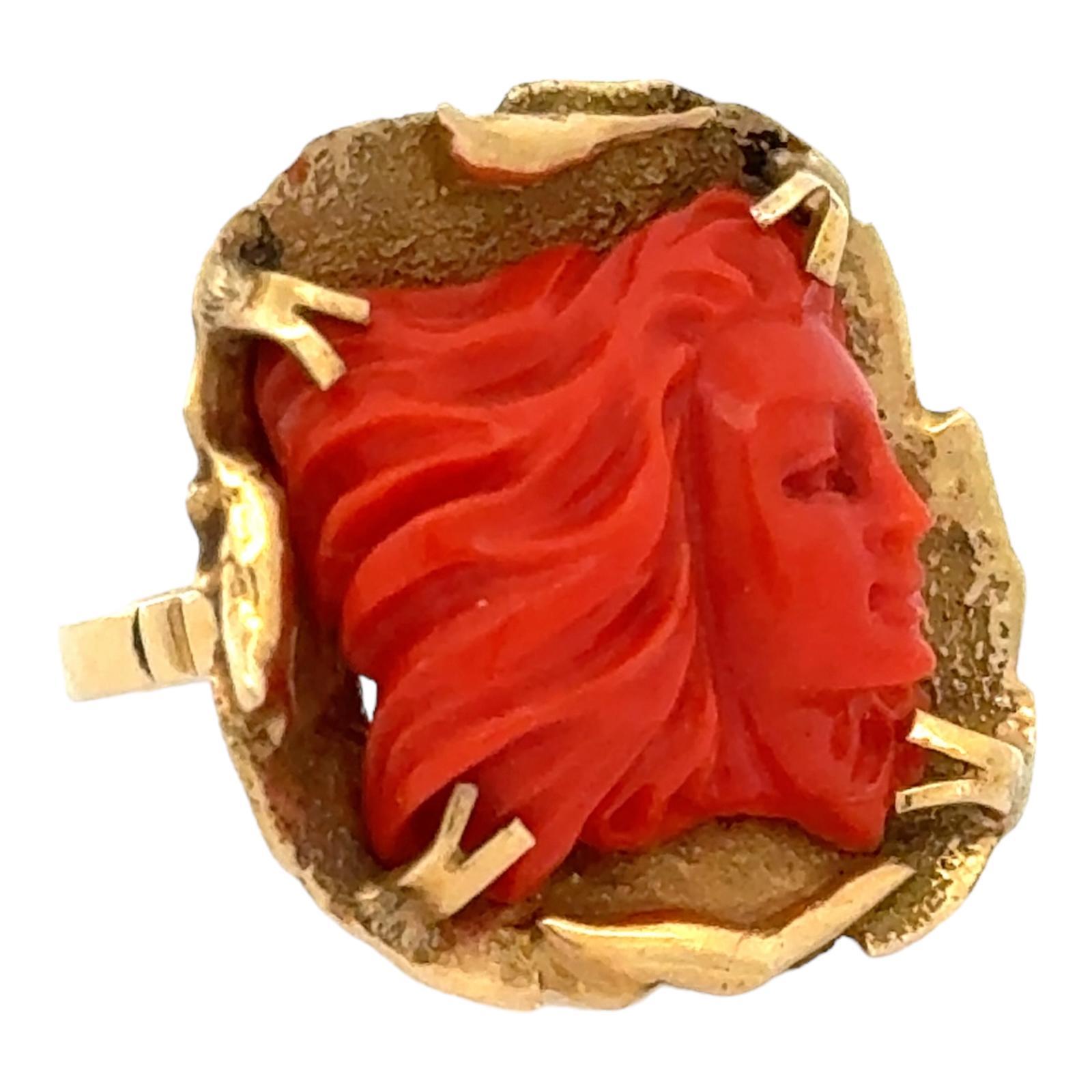 Cabochon 1960's Carved Coral 18 Karat Yellow Gold Free Form Estate Ring