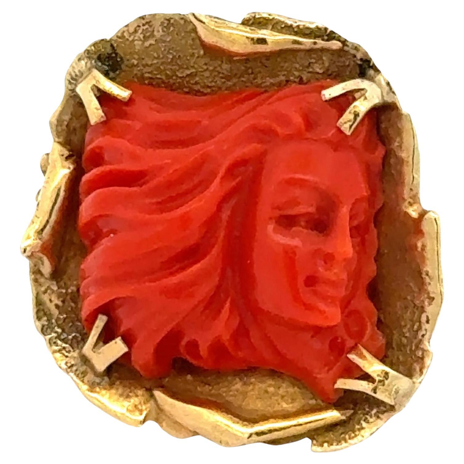 1960's Carved Coral 18 Karat Yellow Gold Free Form Estate Ring