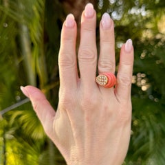 1960's Carved Coral Diamond 18 Karat Yellow Gold Cocktail Ring