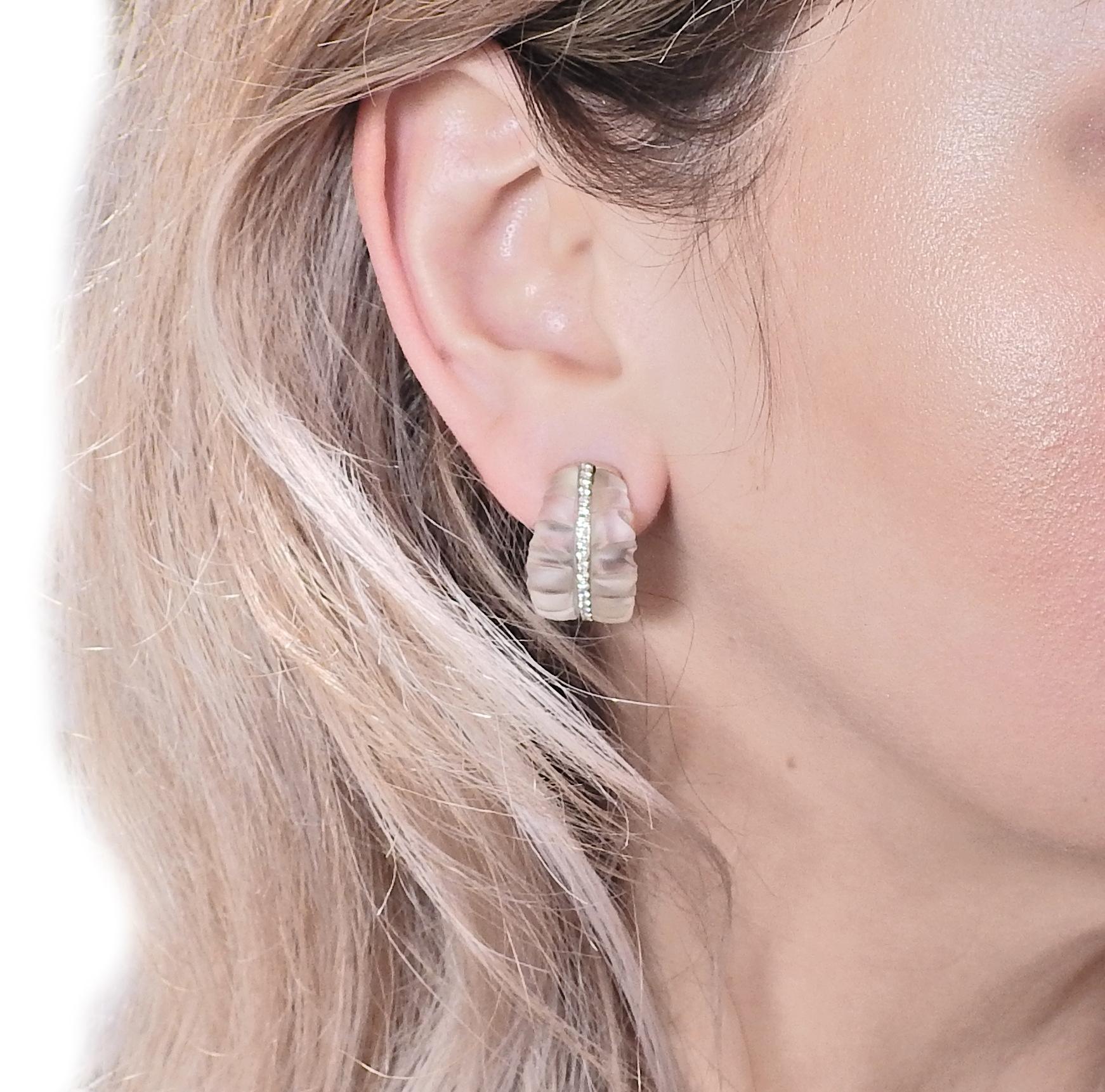 Women's 1960s Carved Crystal Diamond Gold Half Hoop Earrings