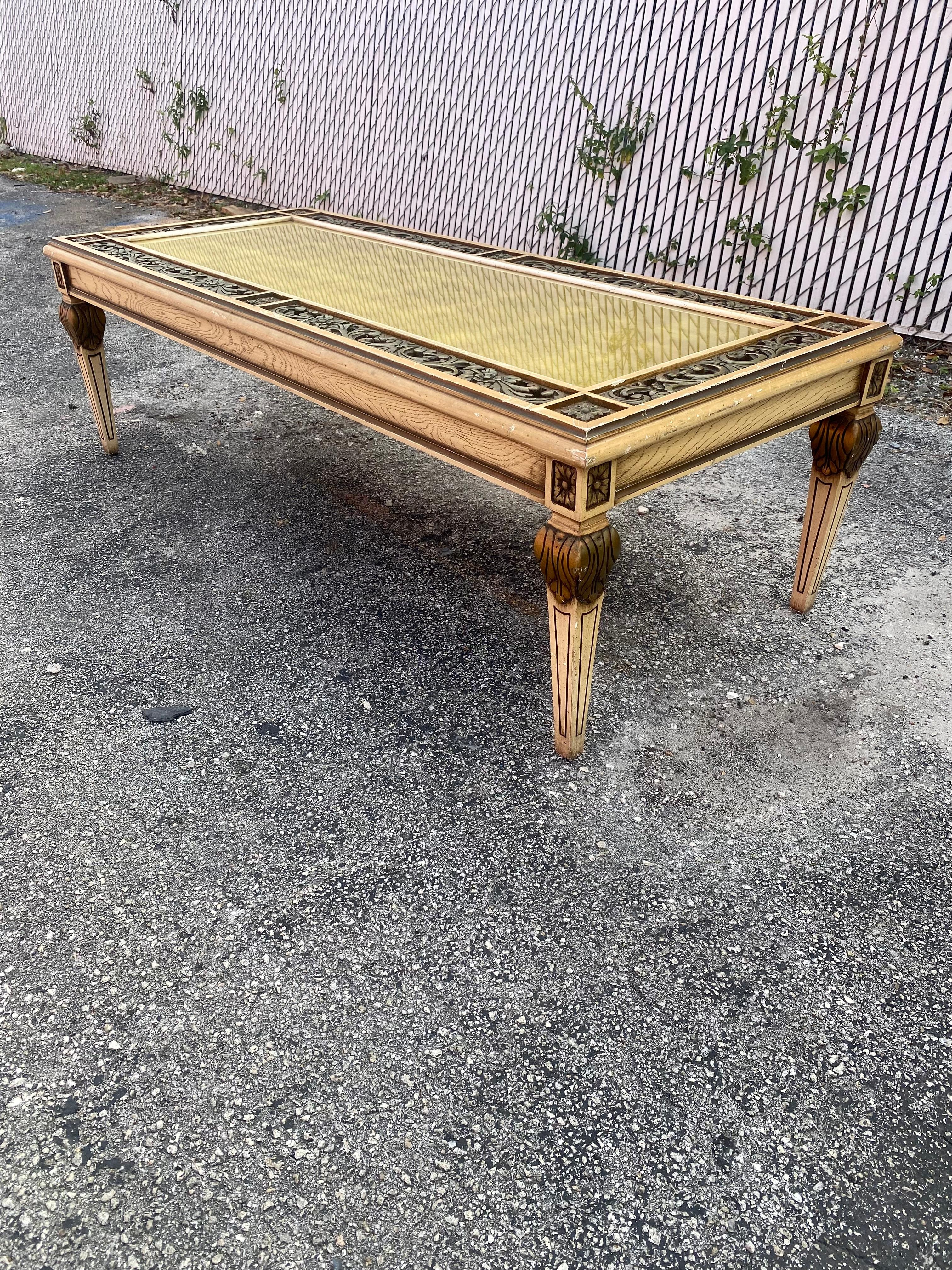 Mid-Century Modern 1960s Carved Floral Wood Gold Leaf Coffee Table For Sale