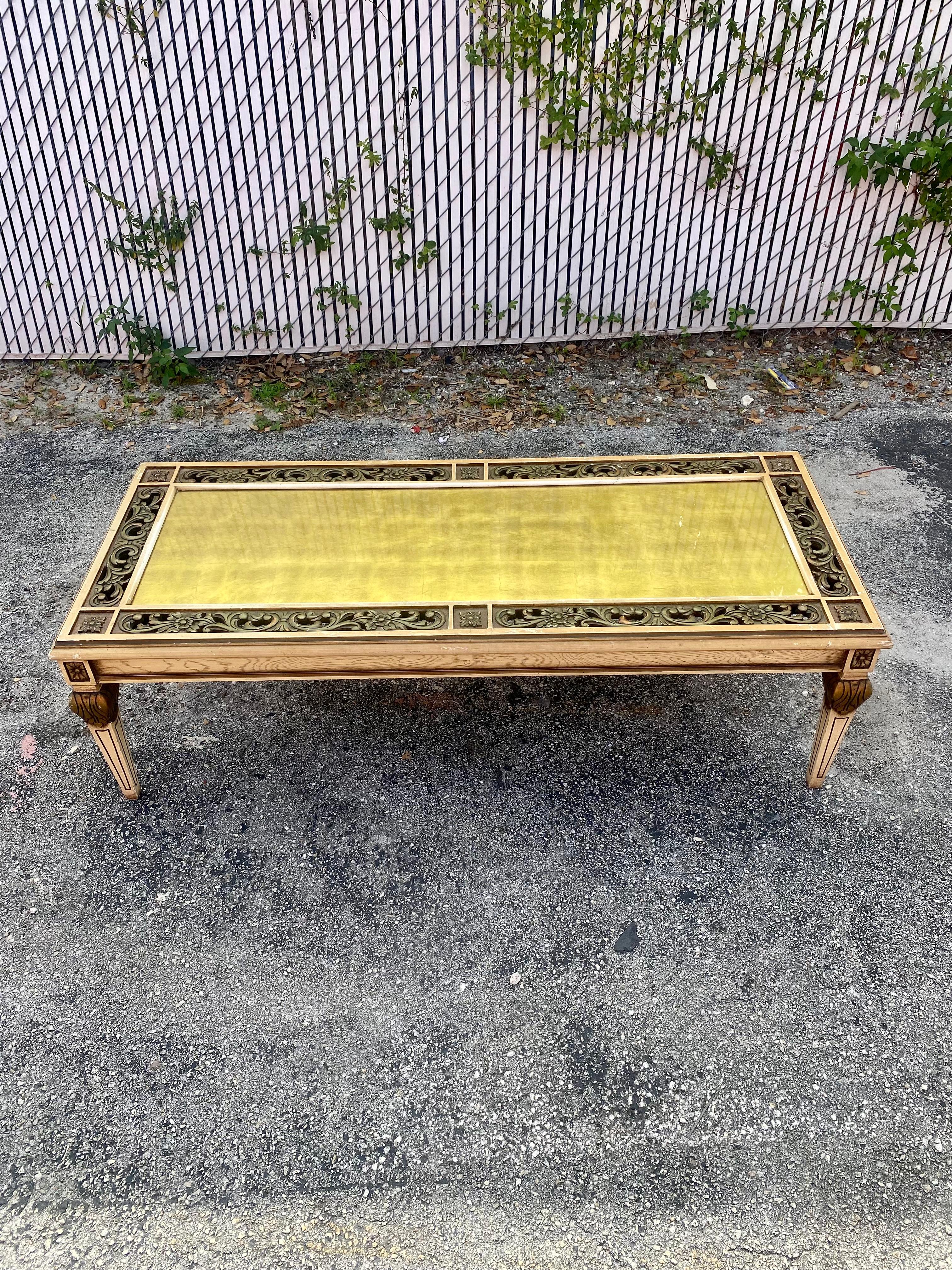 French 1960s Carved Floral Wood Gold Leaf Coffee Table For Sale