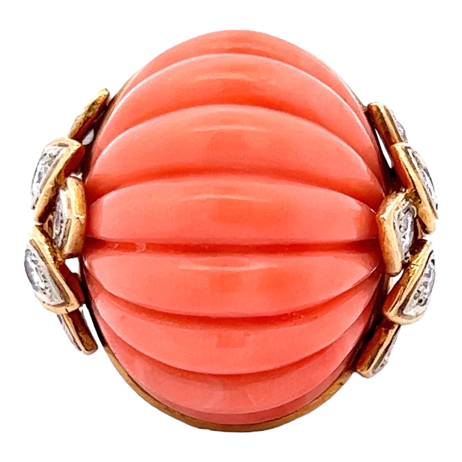 Contemporary 1960s Carved Orange Coral Diamond 18 Karat Yellow Gold Dome Estate Ring 