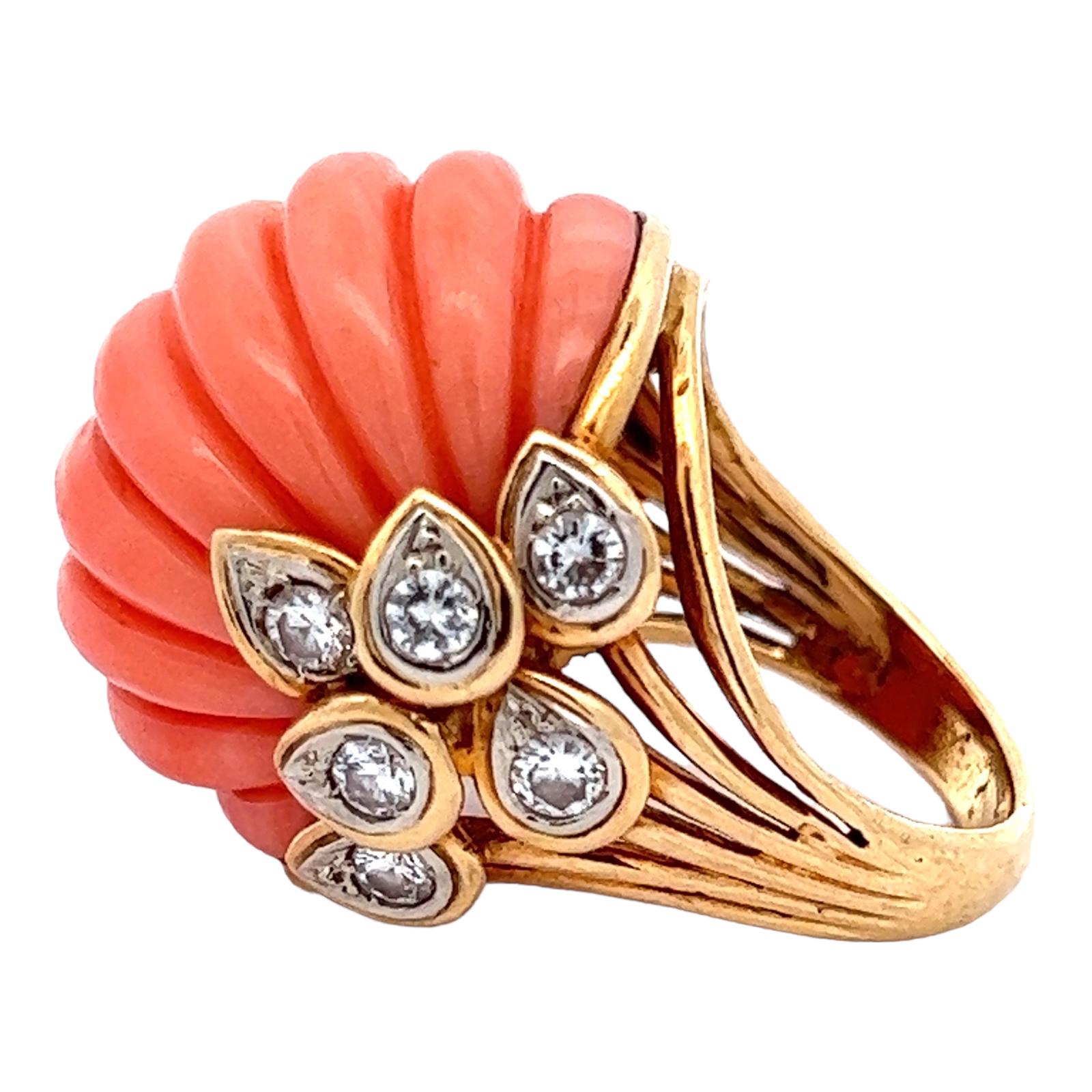 Cabochon 1960s Carved Orange Coral Diamond 18 Karat Yellow Gold Dome Estate Ring 