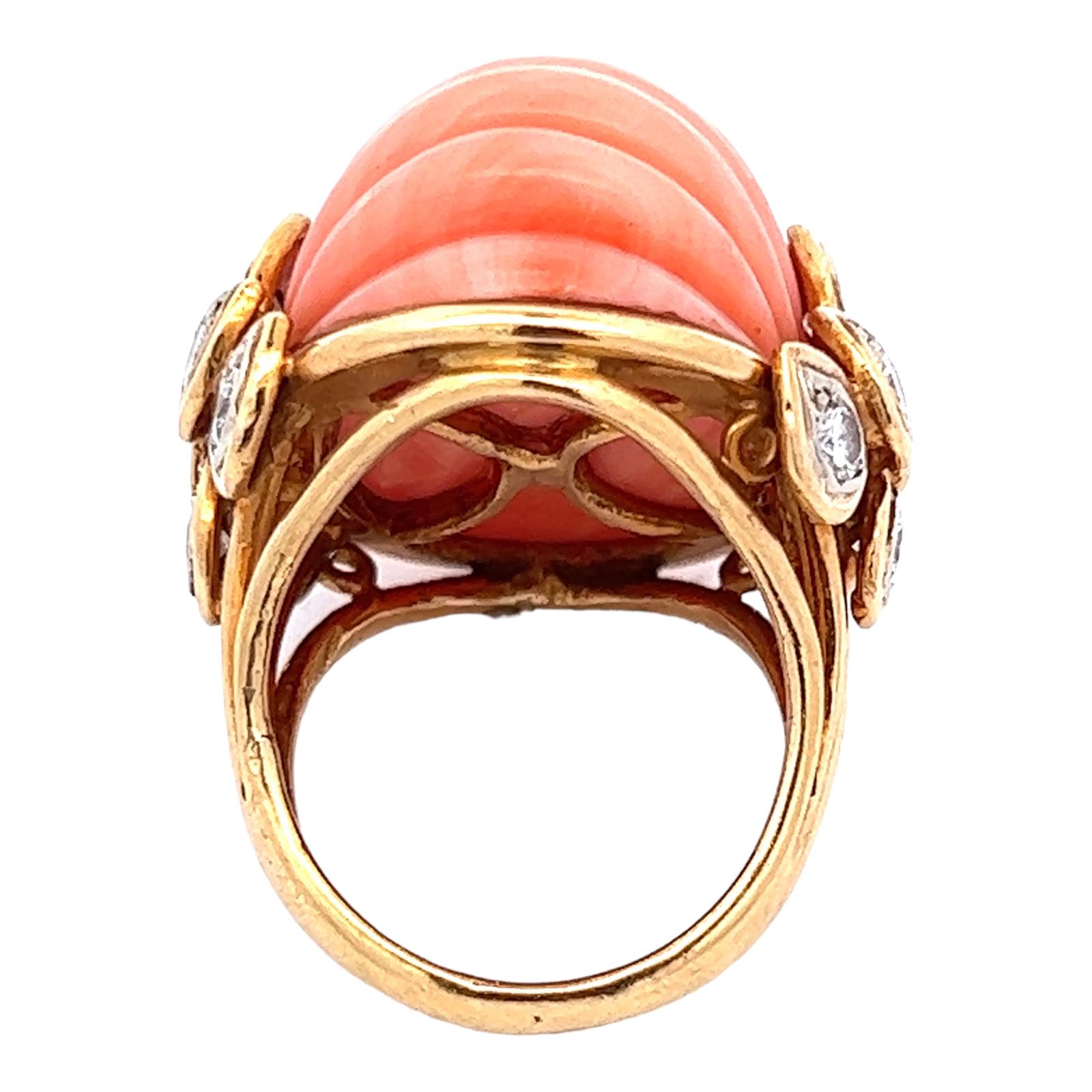 1960s Carved Orange Coral Diamond 18 Karat Yellow Gold Dome Estate Ring  In Excellent Condition In Boca Raton, FL