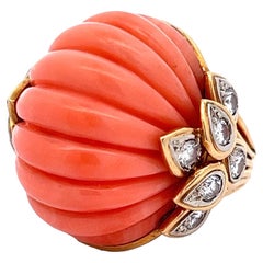 1960s Carved Orange Coral Diamond 18 Karat Yellow Gold Dome Estate Ring 