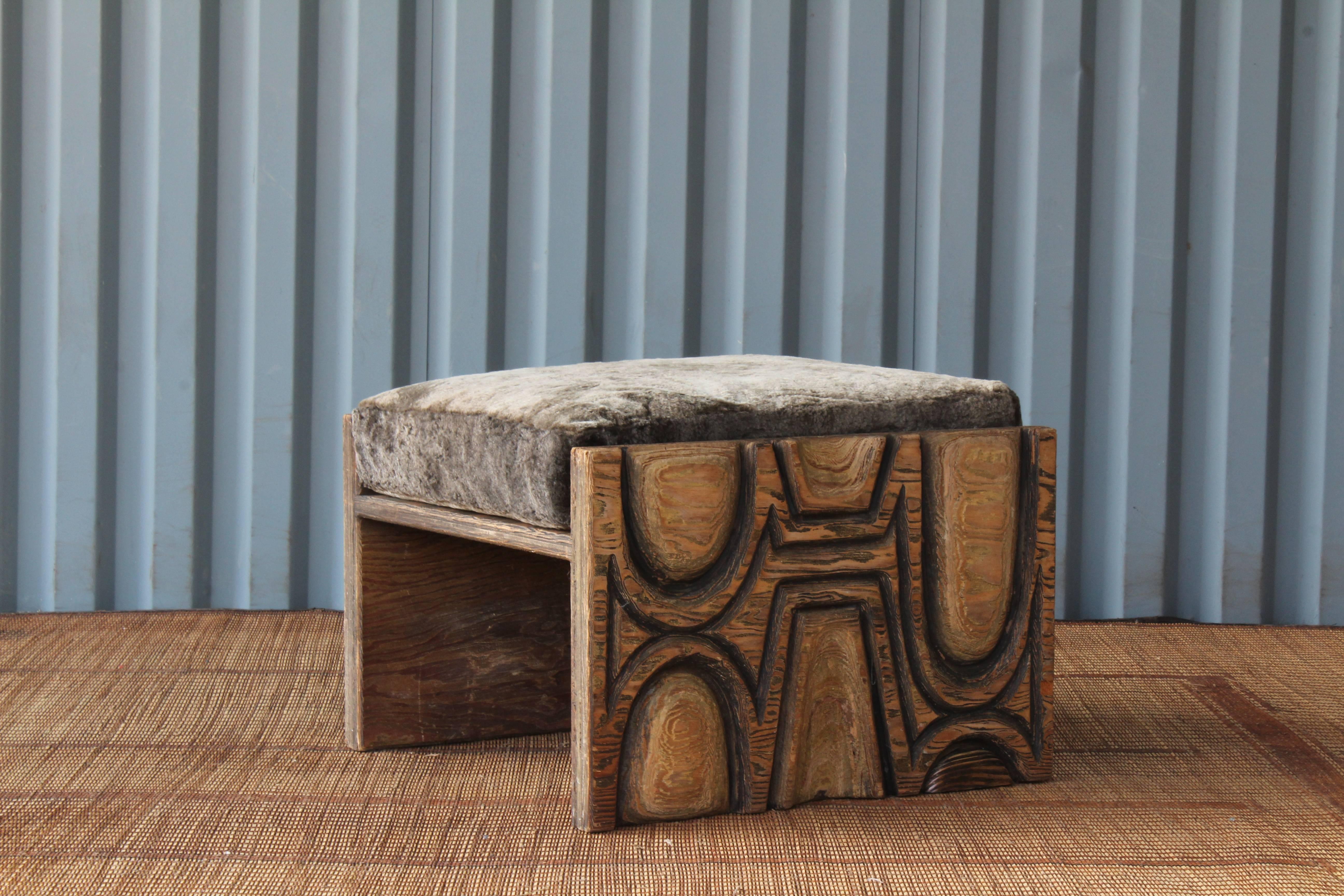 1960s Carved Plywood Bench with Sheepskin Cushion 4