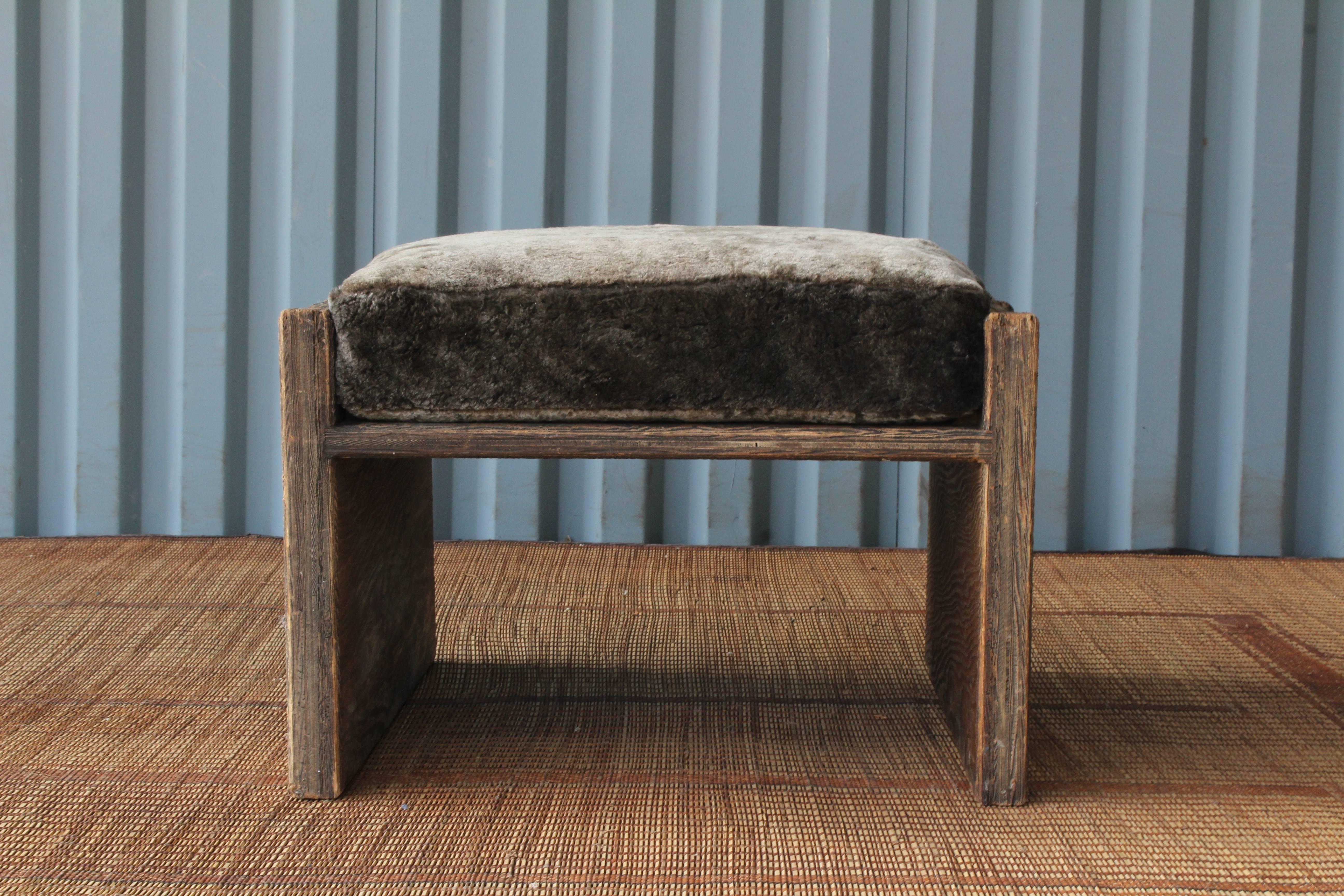 Unknown 1960s Carved Plywood Bench with Sheepskin Cushion