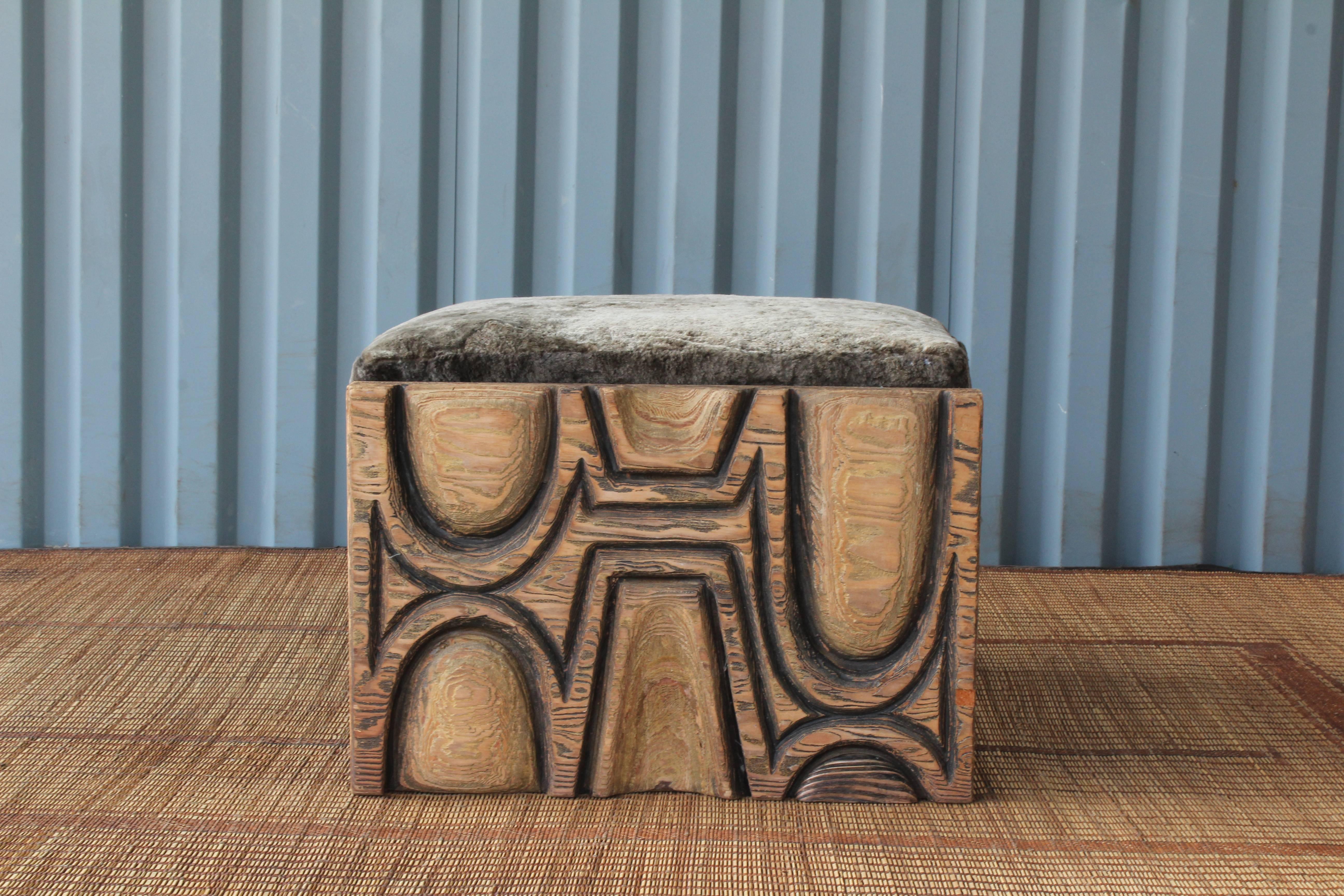 Mid-20th Century 1960s Carved Plywood Bench with Sheepskin Cushion