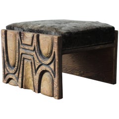 1960s Carved Plywood Bench with Sheepskin Cushion