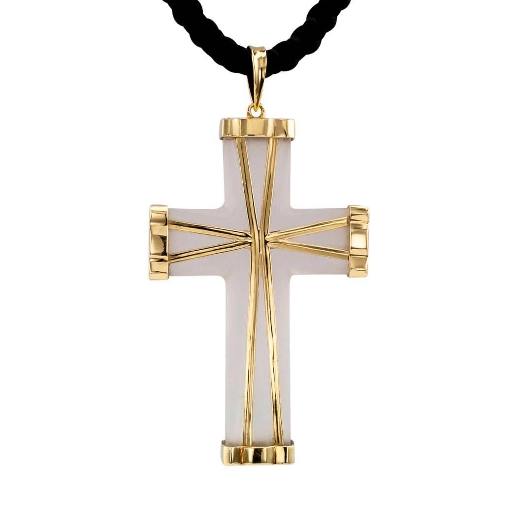 1960s Carved Rock Crystal Gold Cross Pendant