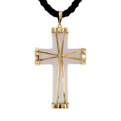 1960s Carved Rock Crystal Gold Cross Pendant