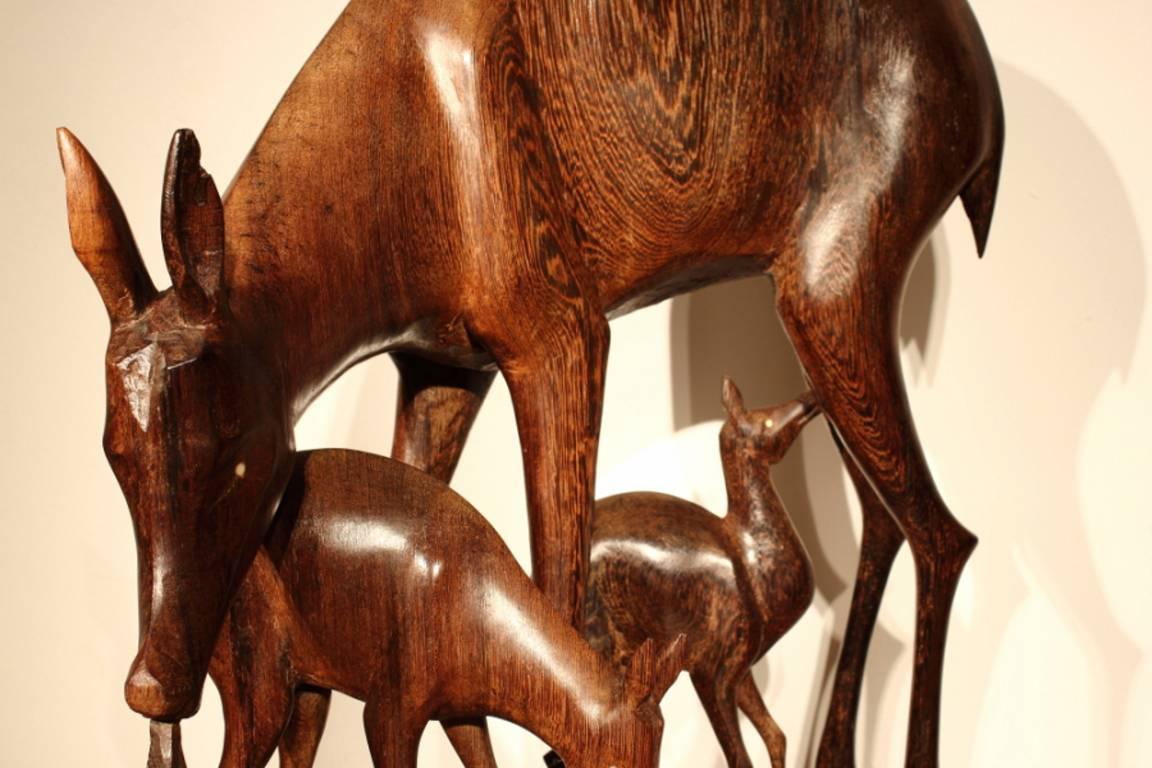 Hand-Carved 1960s Carved Wenge Wood Deer For Sale