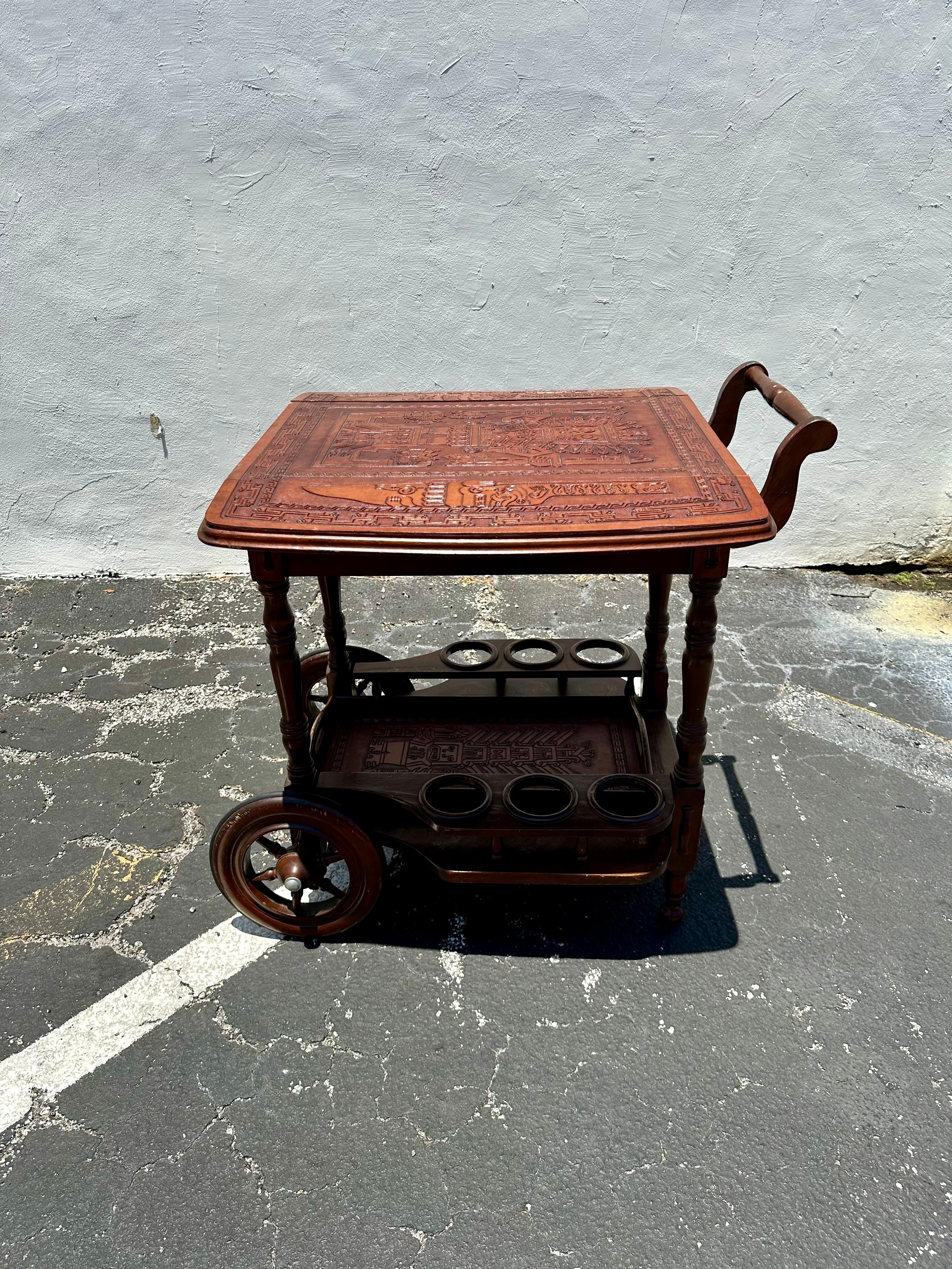 1960s Carved Wood Leather Embossed Bar Cart Table For Sale 4