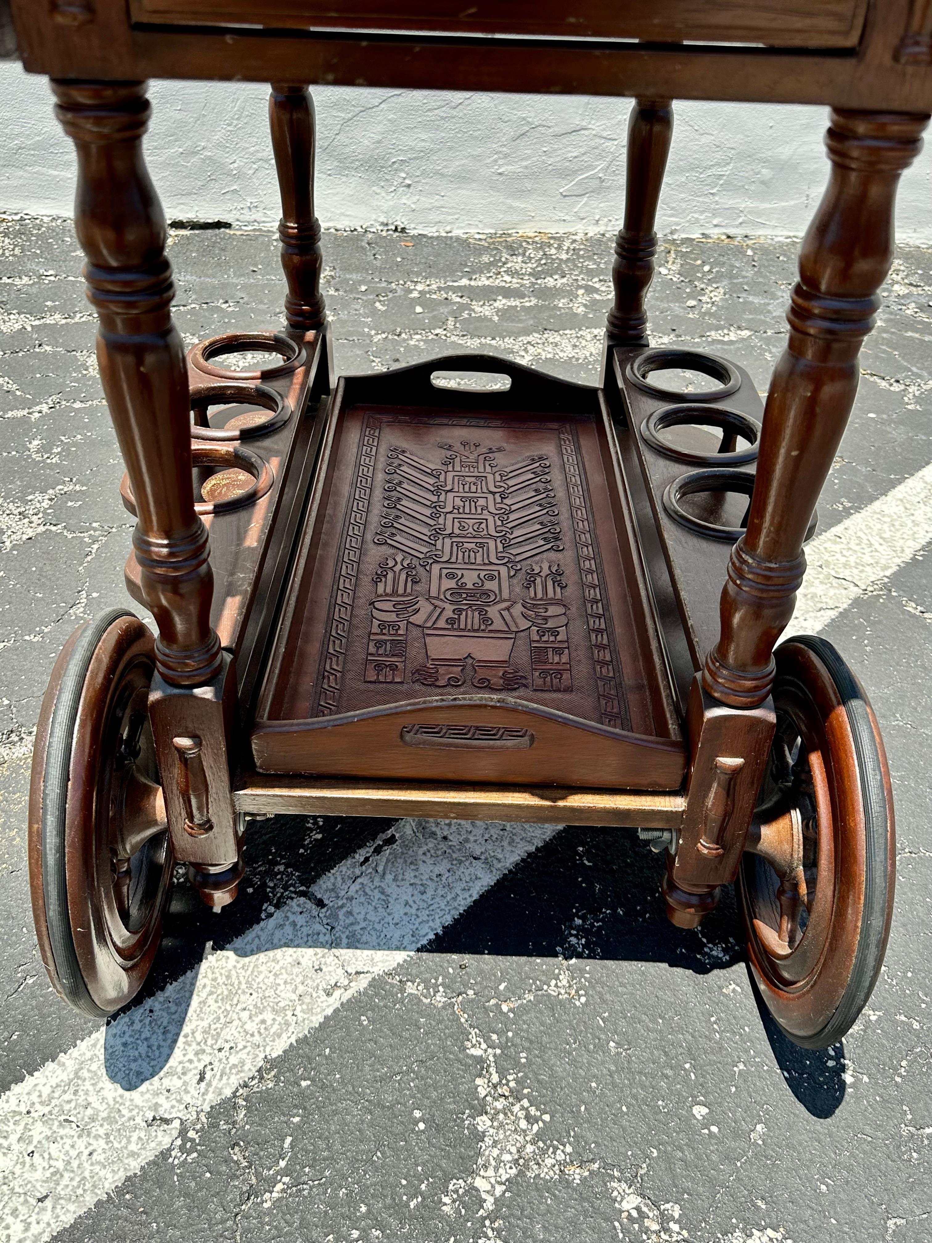 1960s Carved Wood Leather Embossed Bar Cart Table For Sale 5