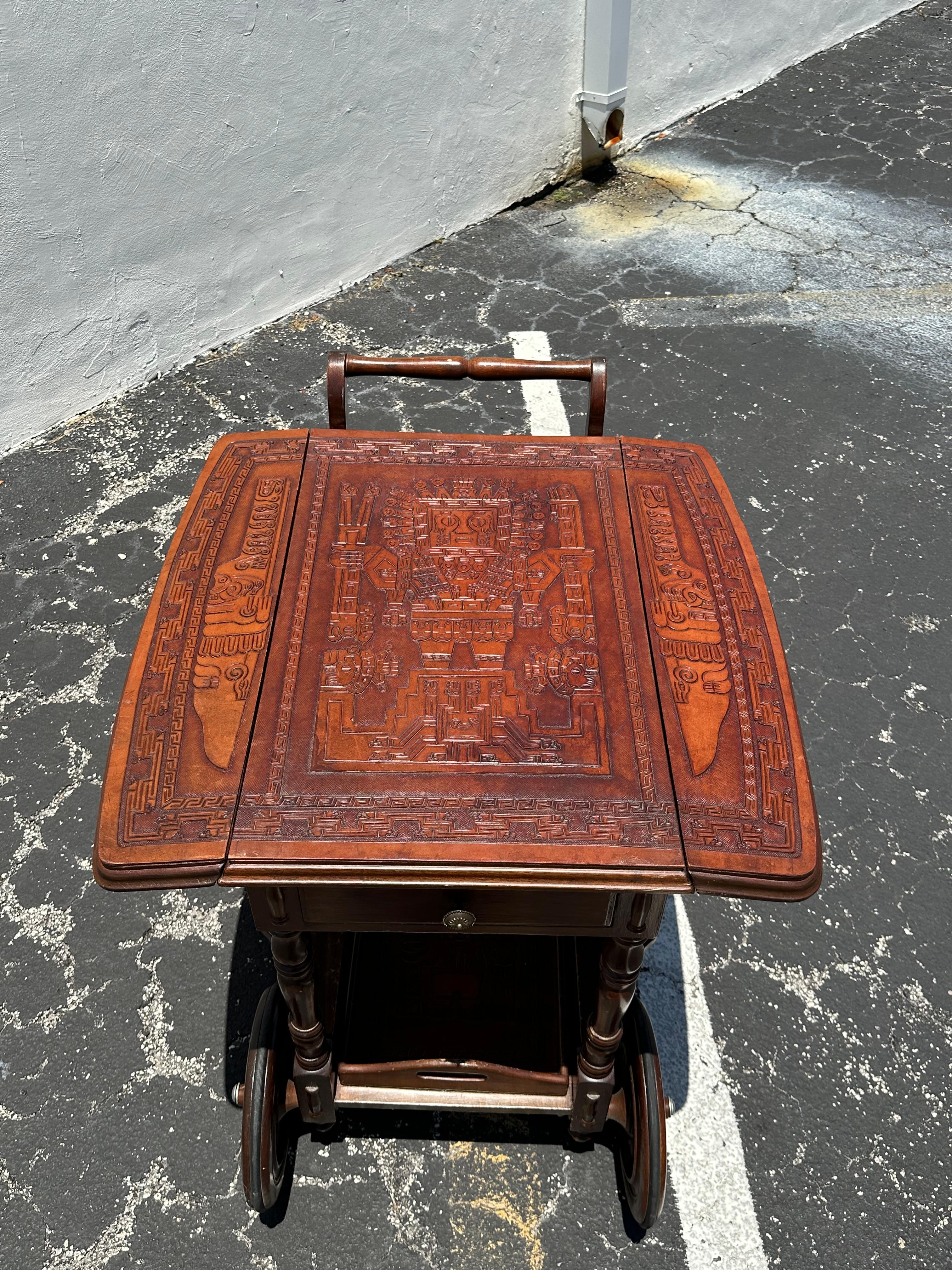 1960s Carved Wood Leather Embossed Bar Cart Table For Sale 6