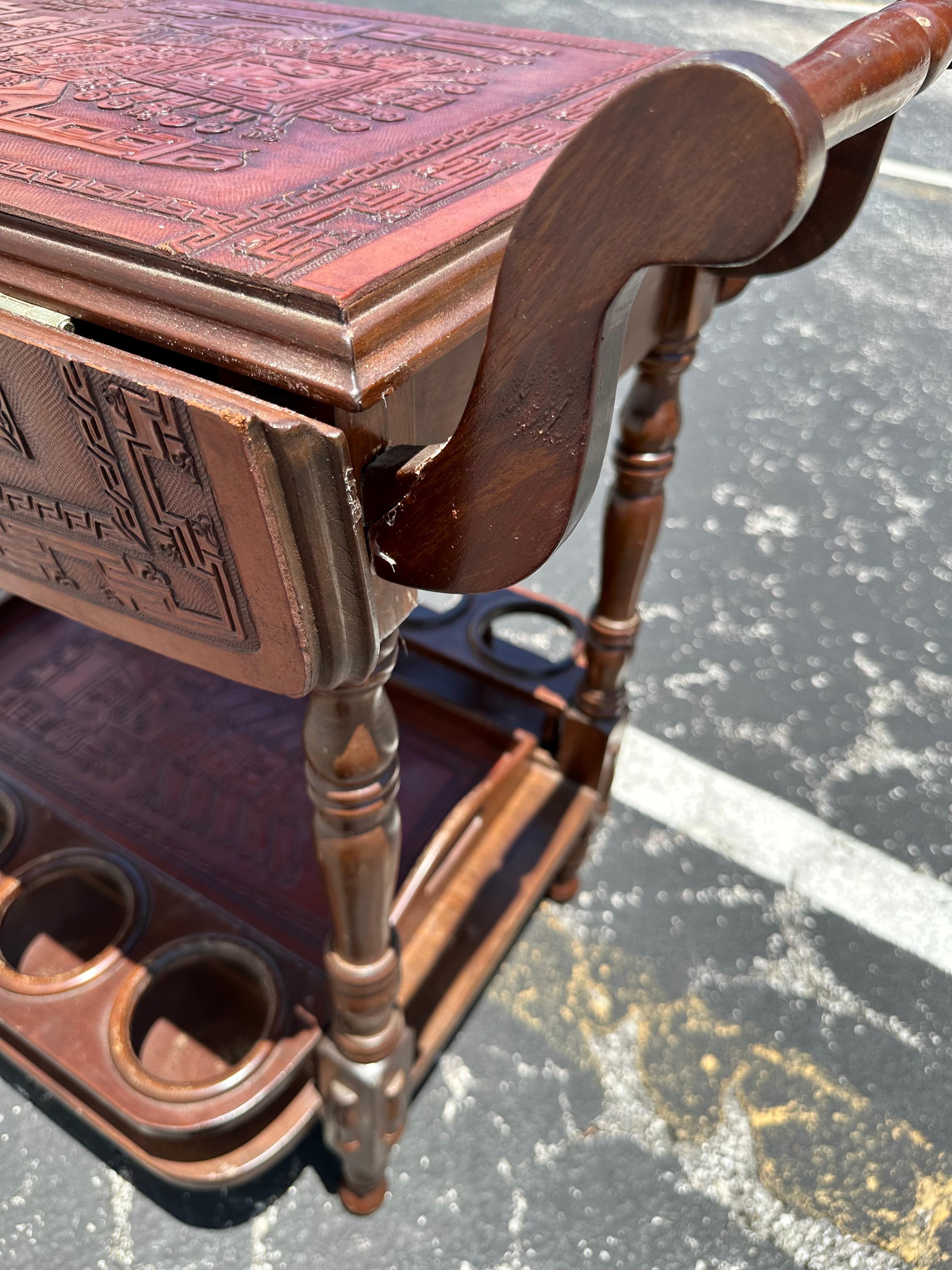 1960s Carved Wood Leather Embossed Bar Cart Table For Sale 7