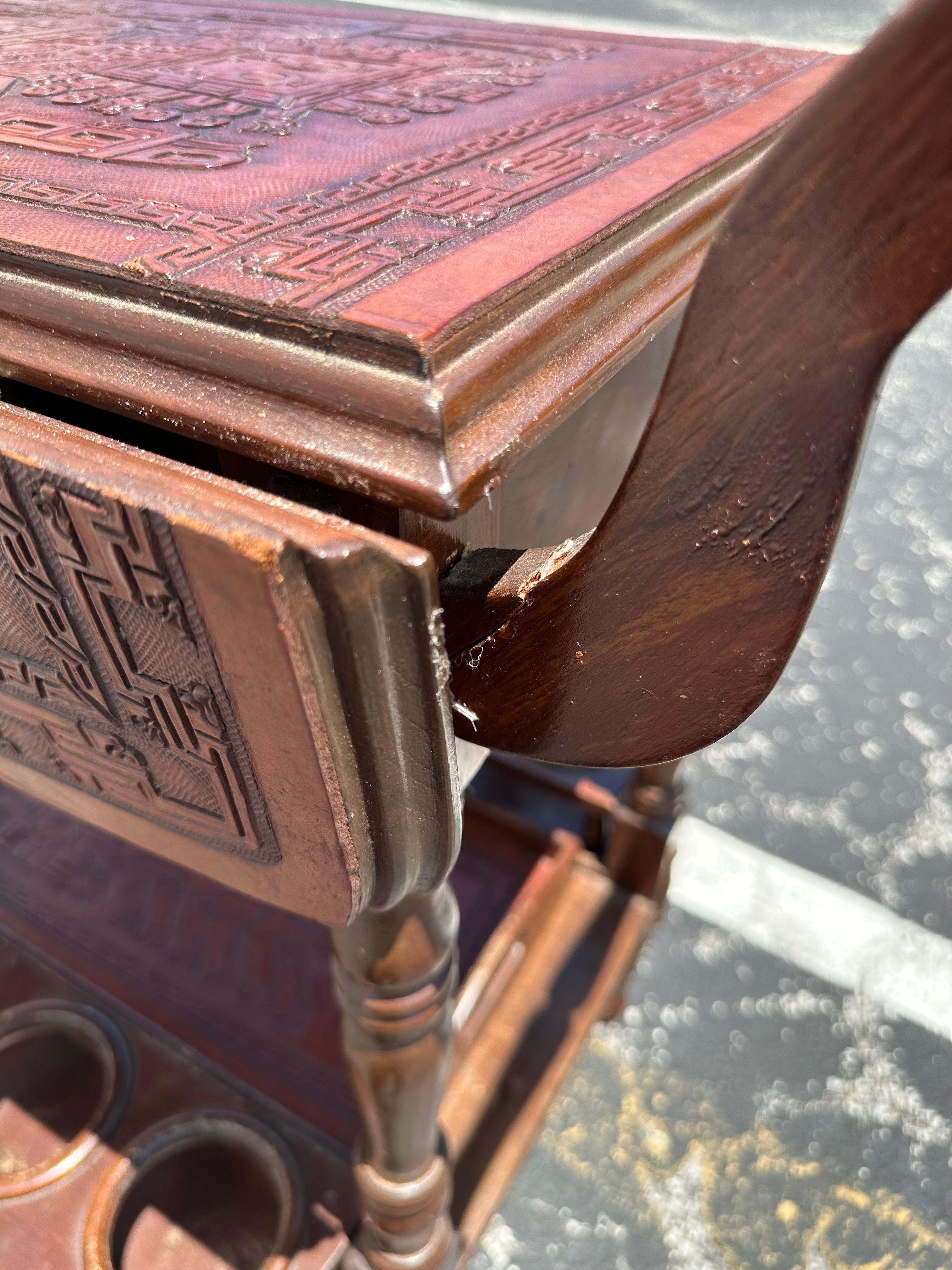 1960s Carved Wood Leather Embossed Bar Cart Table For Sale 8