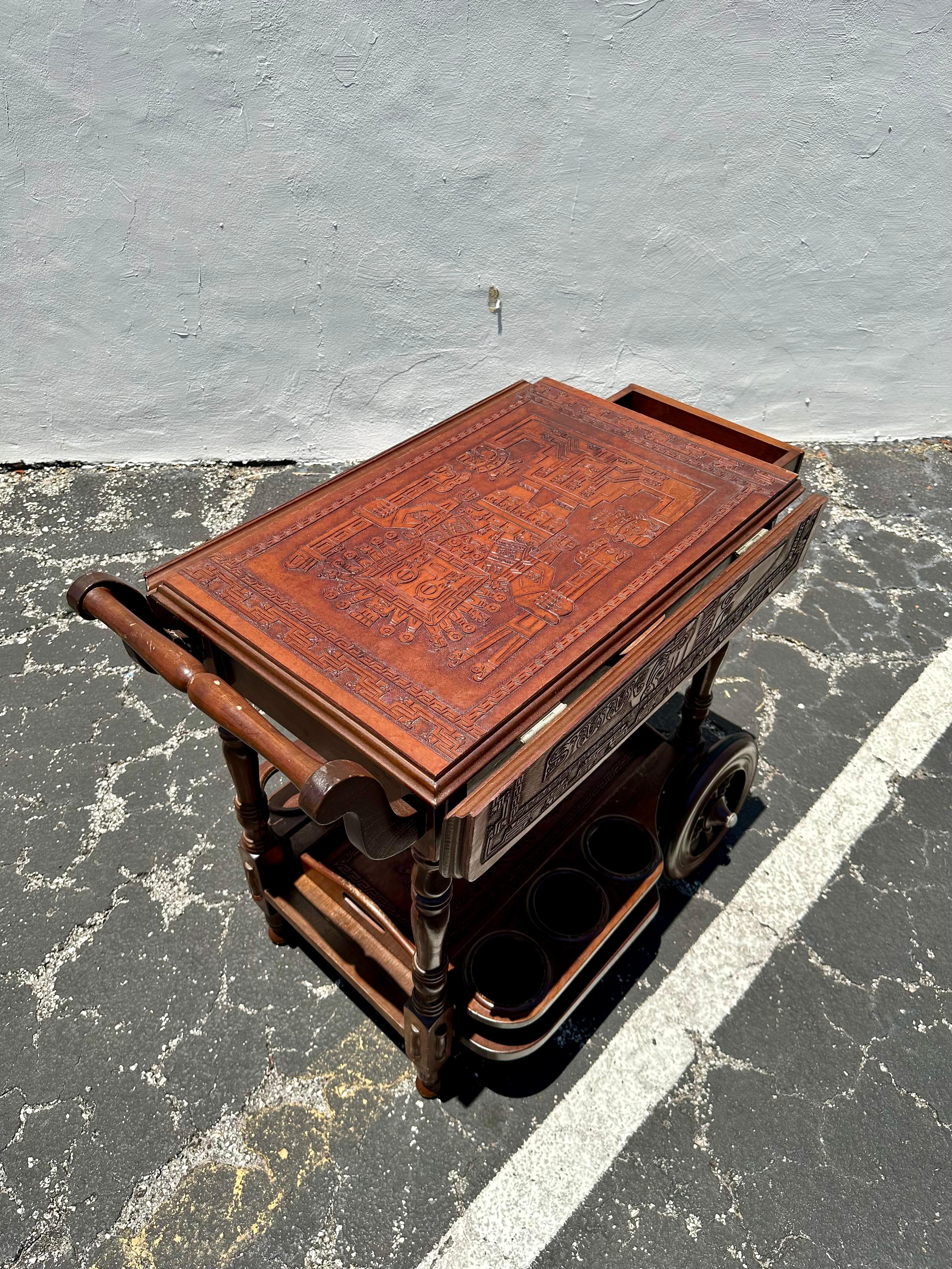 1960s Carved Wood Leather Embossed Bar Cart Table For Sale 1