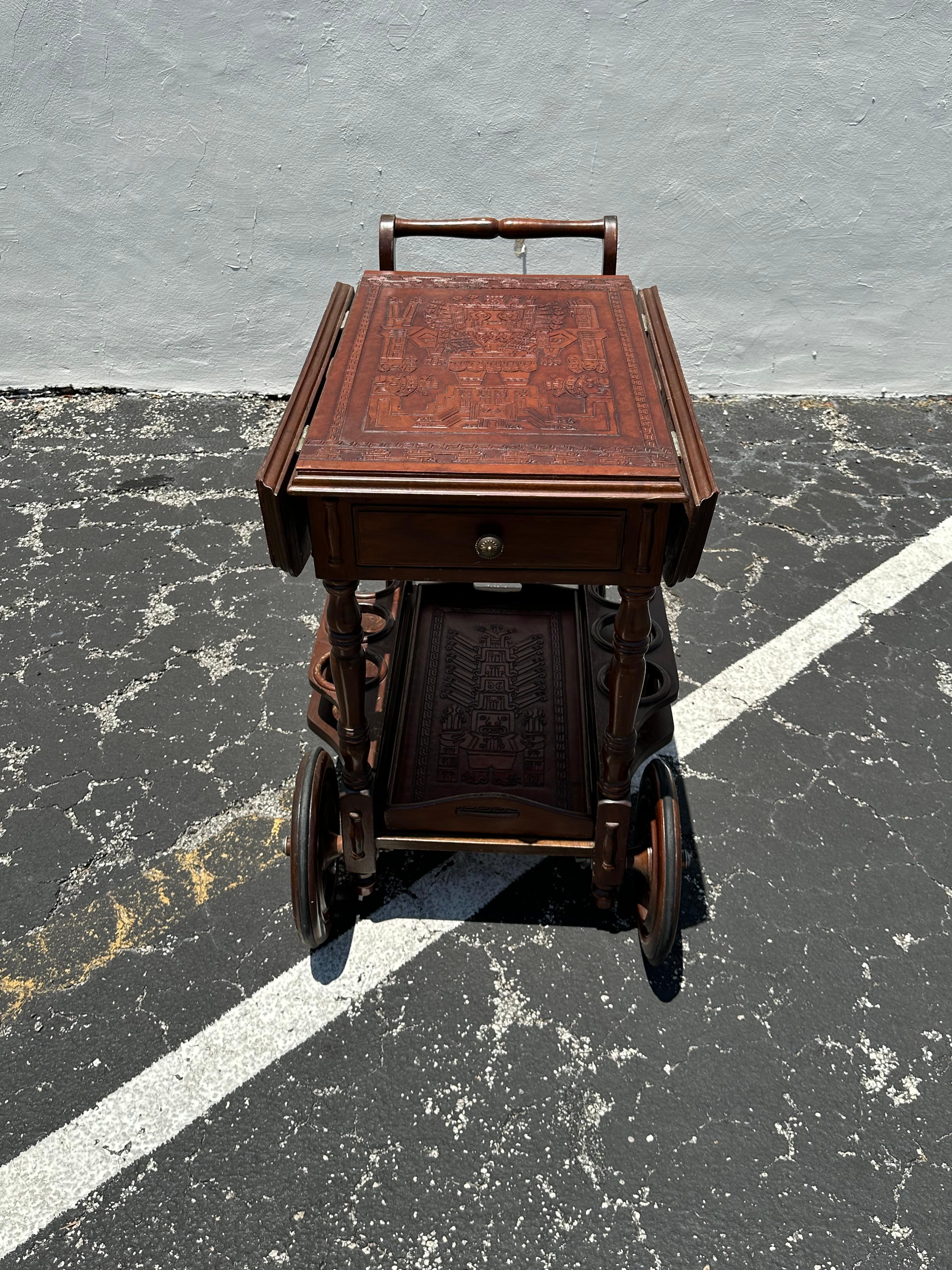 1960s Carved Wood Leather Embossed Bar Cart Table For Sale 2